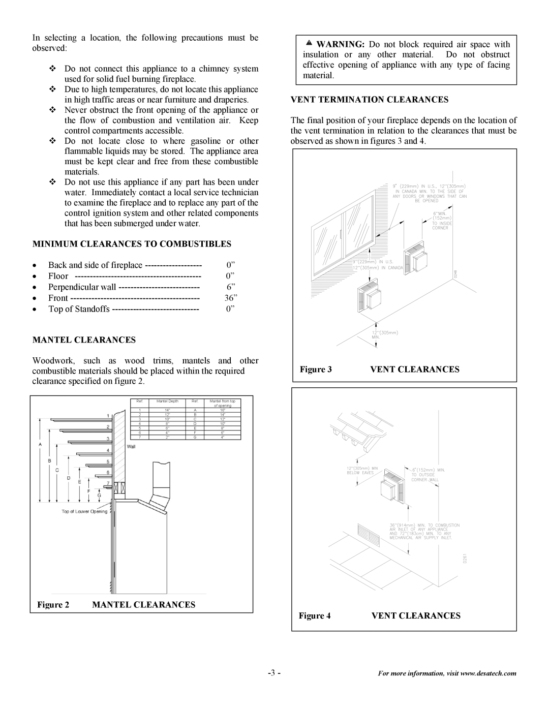 Desa CD42M Minimum Clearances to Combustibles, Mantel Clearances, Vent Termination Clearances, Vent Clearances 