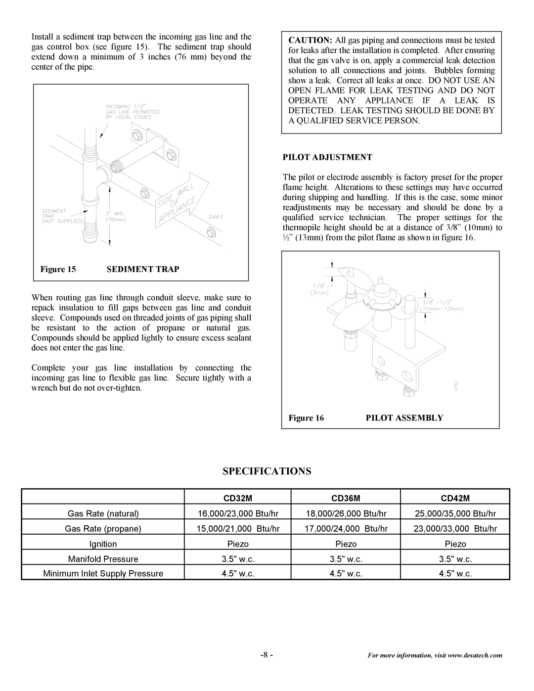 Desa CD32M(-1)(-2), CD42M, CD36M(-1)(-2) Specifications, Sediment Trap, Pilot Adjustment, Pilot Assembly 