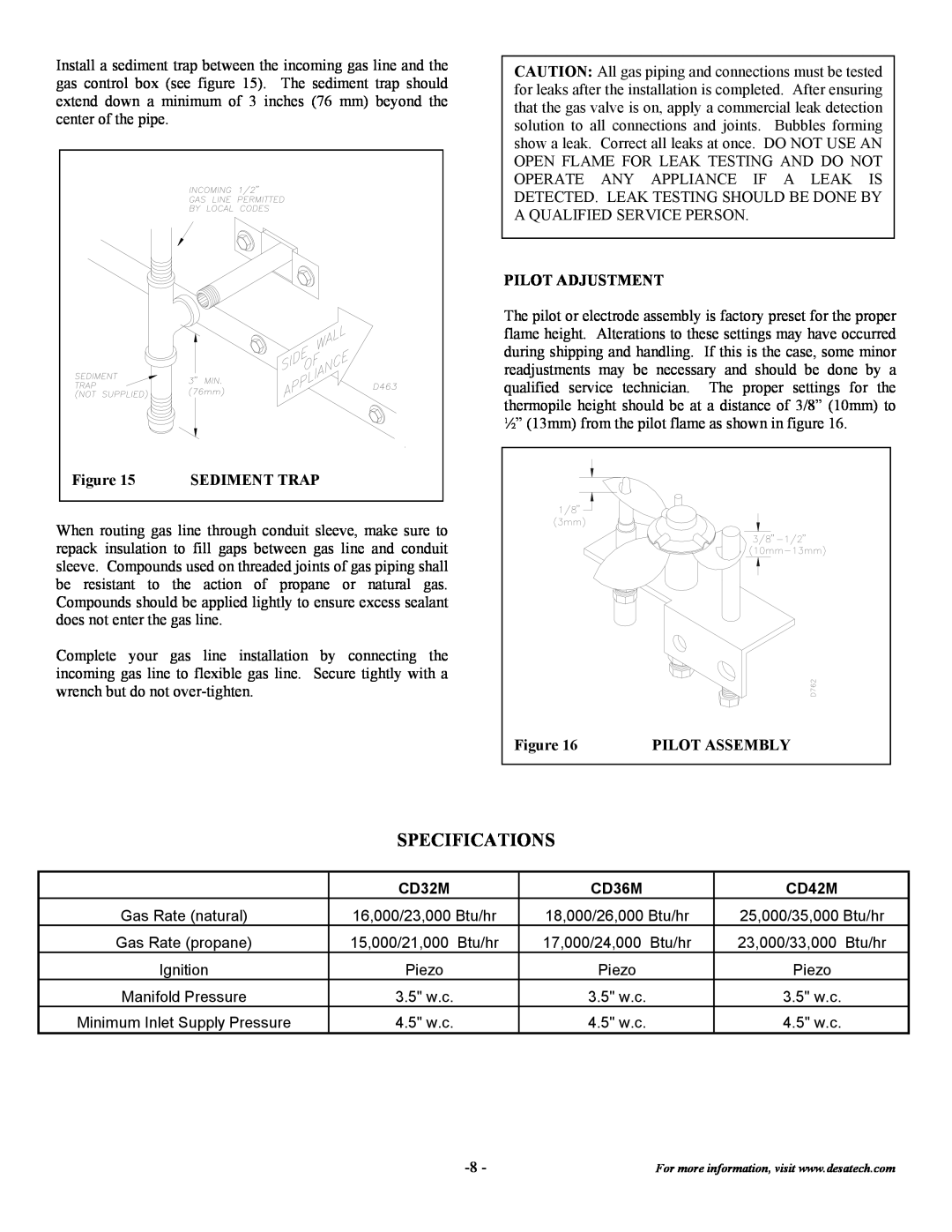Desa CD32M(-1)(-2), CD36M(-1)(-2) Specifications, Sediment Trap, Pilot Adjustment, Pilot Assembly, CD42M 