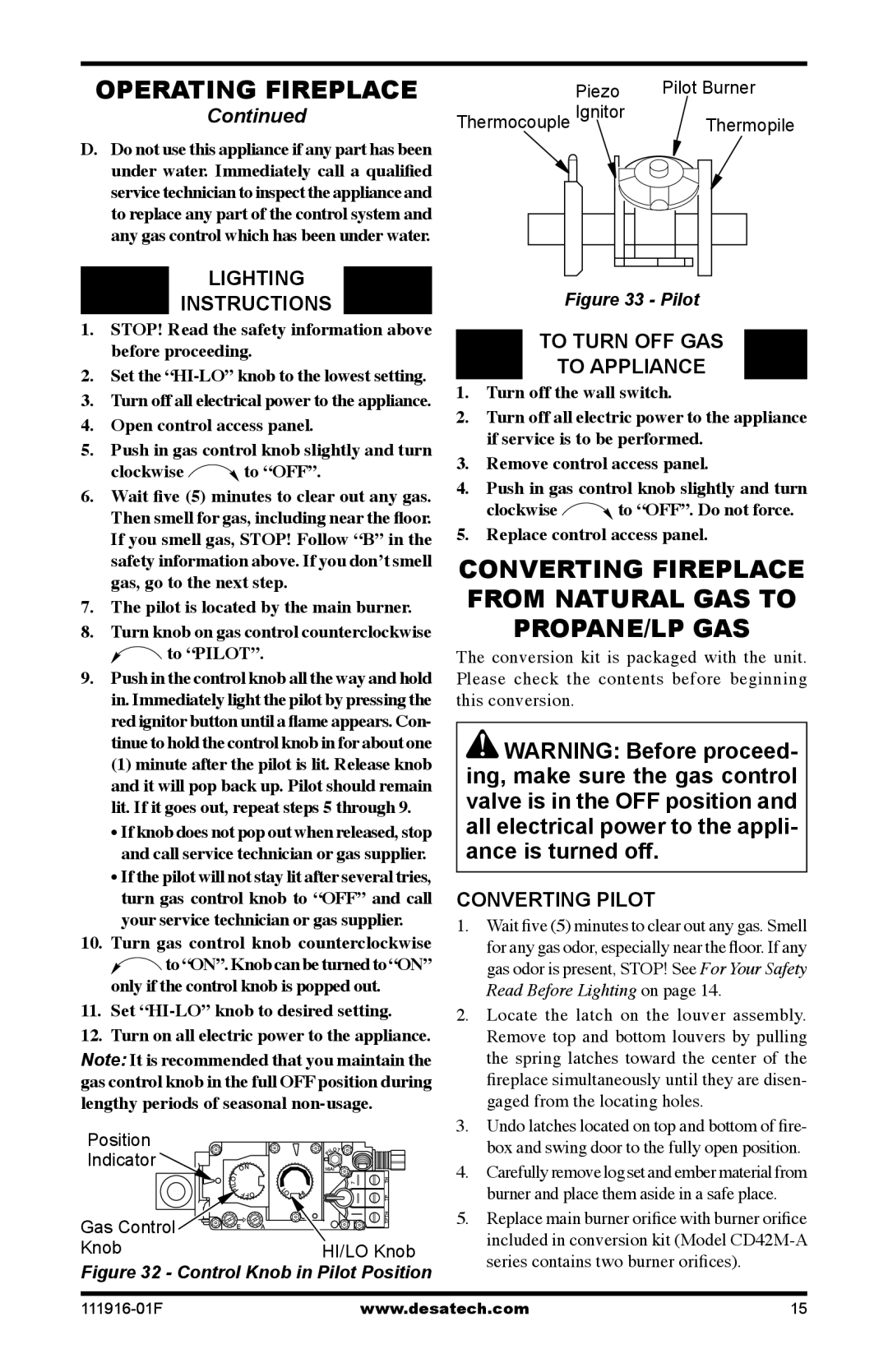 Desa CD42M-A2, CD32M-2, CD36M-A1 Operating Fireplace, Lighting Instructions, To Turn OFF GAS To Appliance, Converting Pilot 