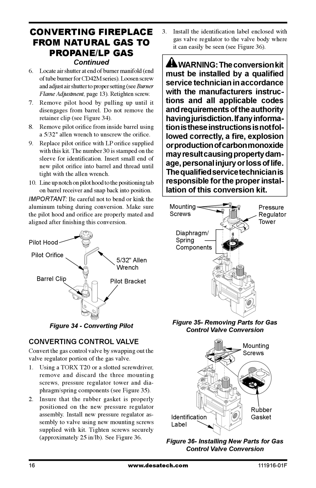 Desa CD32M-2, CD36M-A1, CD36M-A2 Converting Fireplace from Natural GAS to PROPANE/LP GAS, Converting Control Valve 