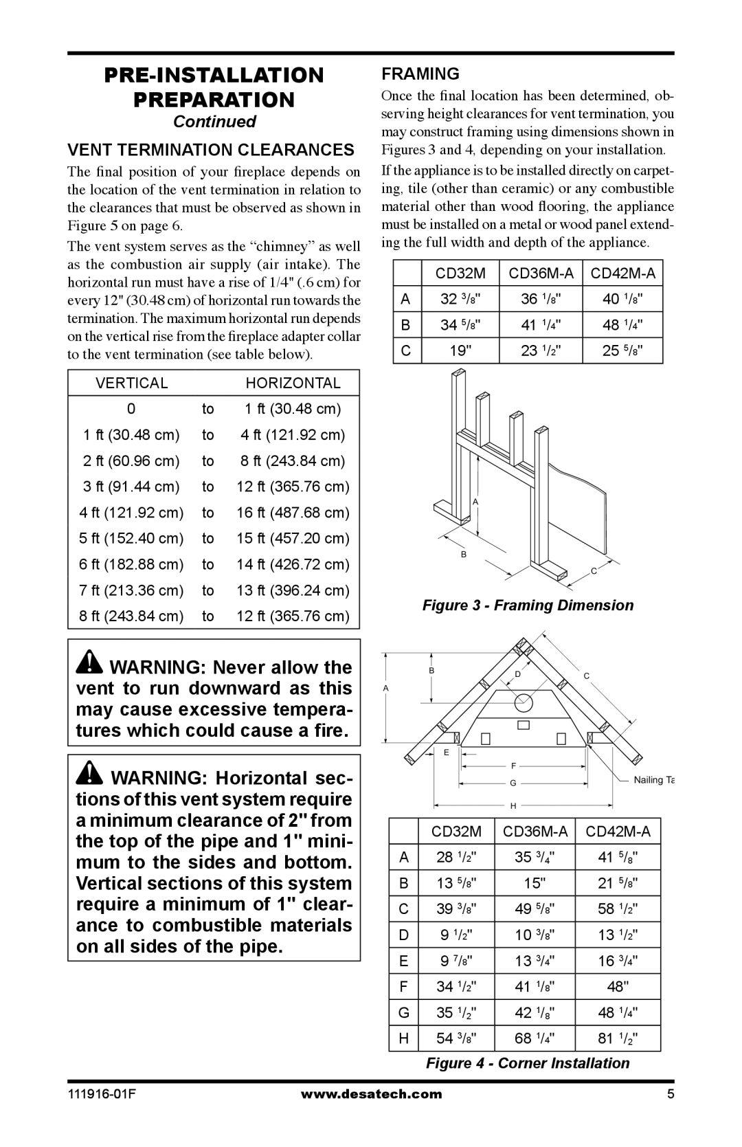 Desa CD32M-1, CD32M-2, CD36M-A1, CD36M-A2, CD42M-A2 PRE-INSTALLATION Preparation, Vent Termination Clearances, Framing 