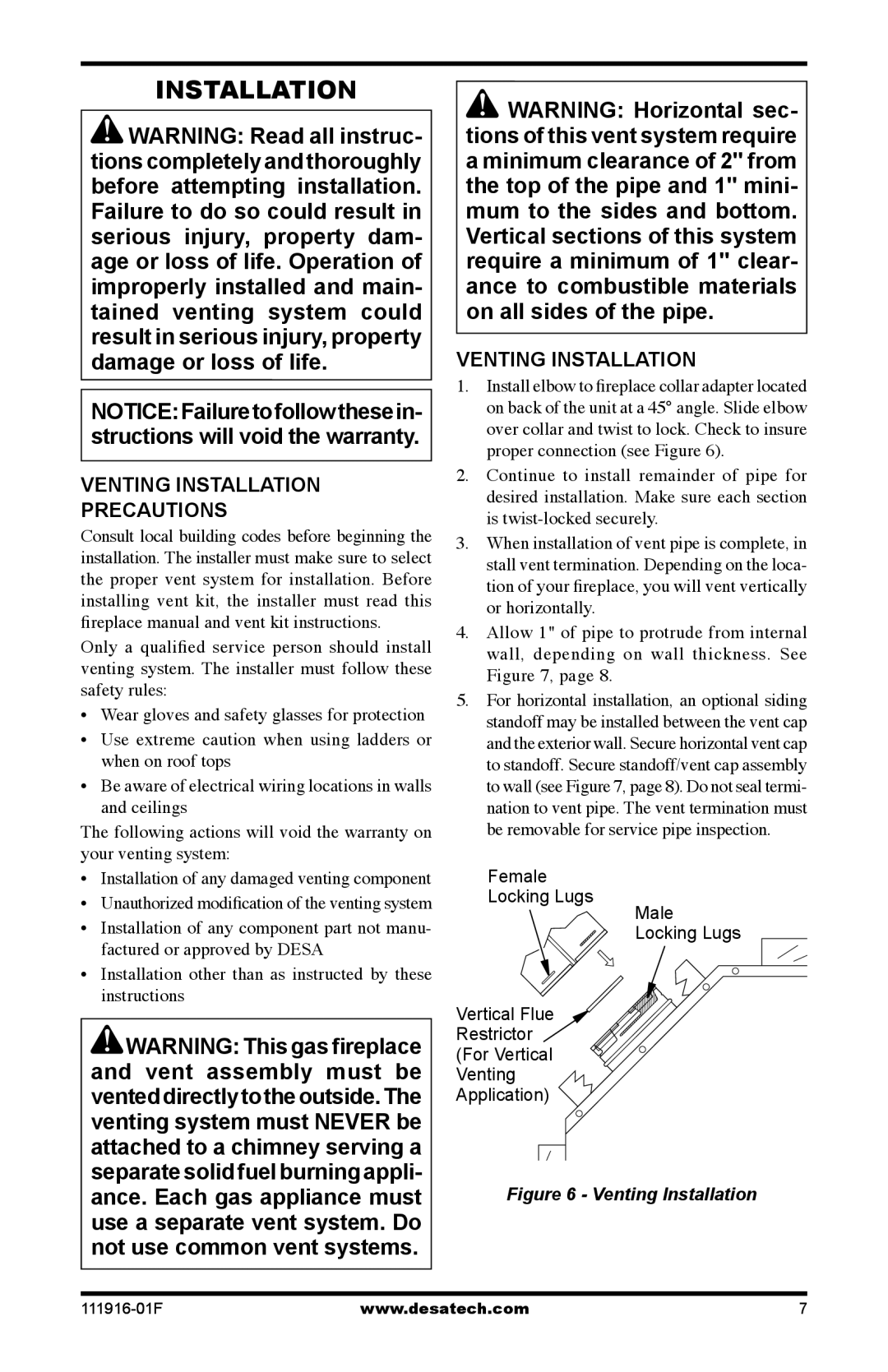 Desa CD36M-A1, CD32M-2, CD36M-A2, CD42M-A2, CD32M-1 installation manual Venting Installation Precautions 