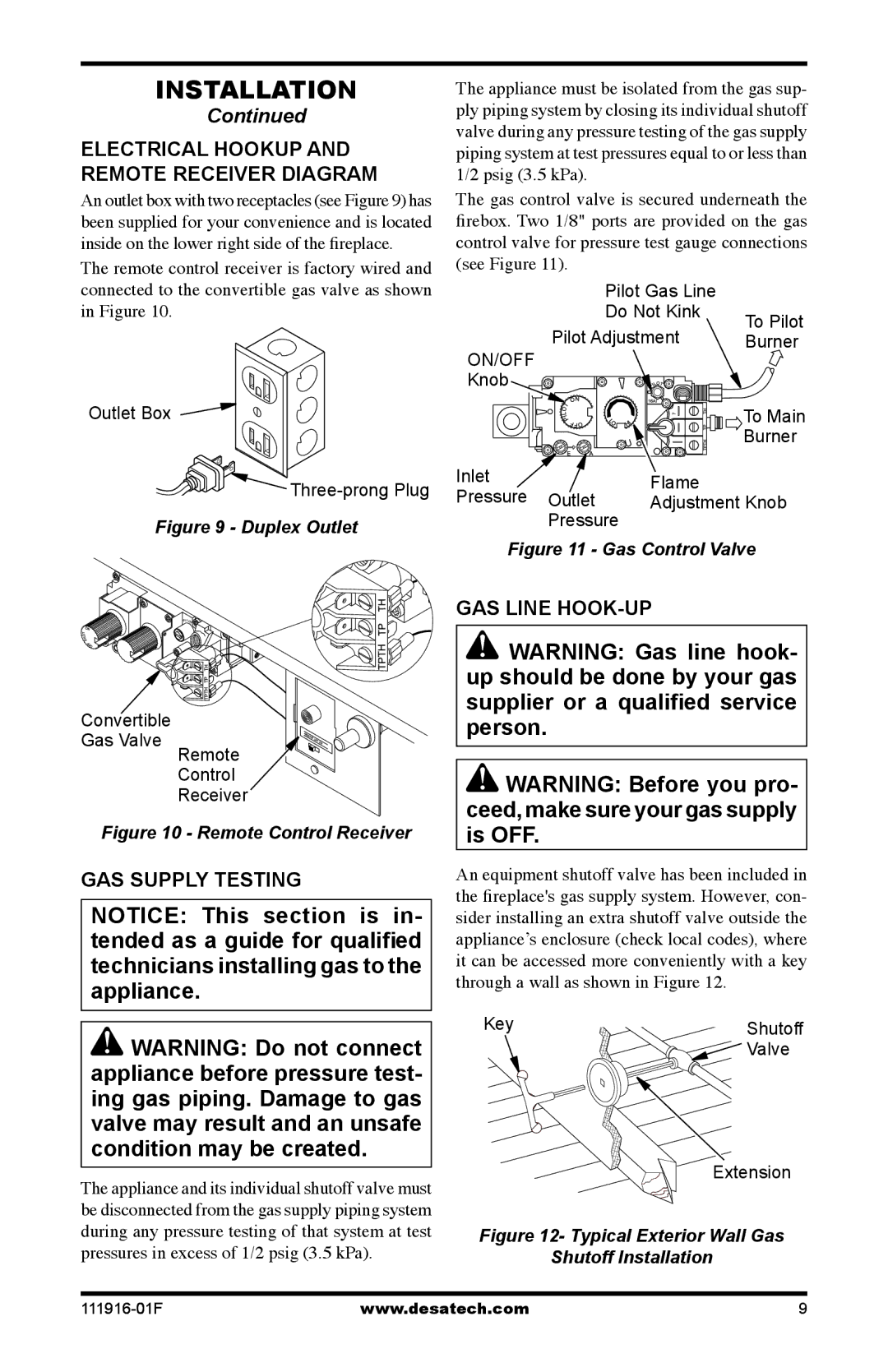 Desa CD42M-A2, CD32M-2, CD36M-A1 Electrical Hookup and Remote Receiver Diagram, GAS Supply Testing, GAS Line HOOK-UP 