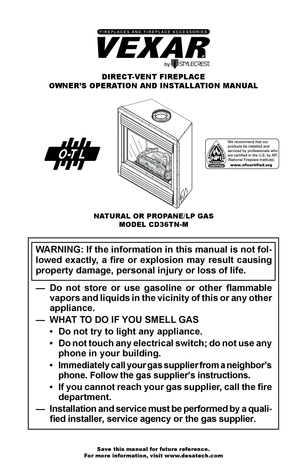 Desa CD36TN-M installation manual What To Do If You Smell Gas 