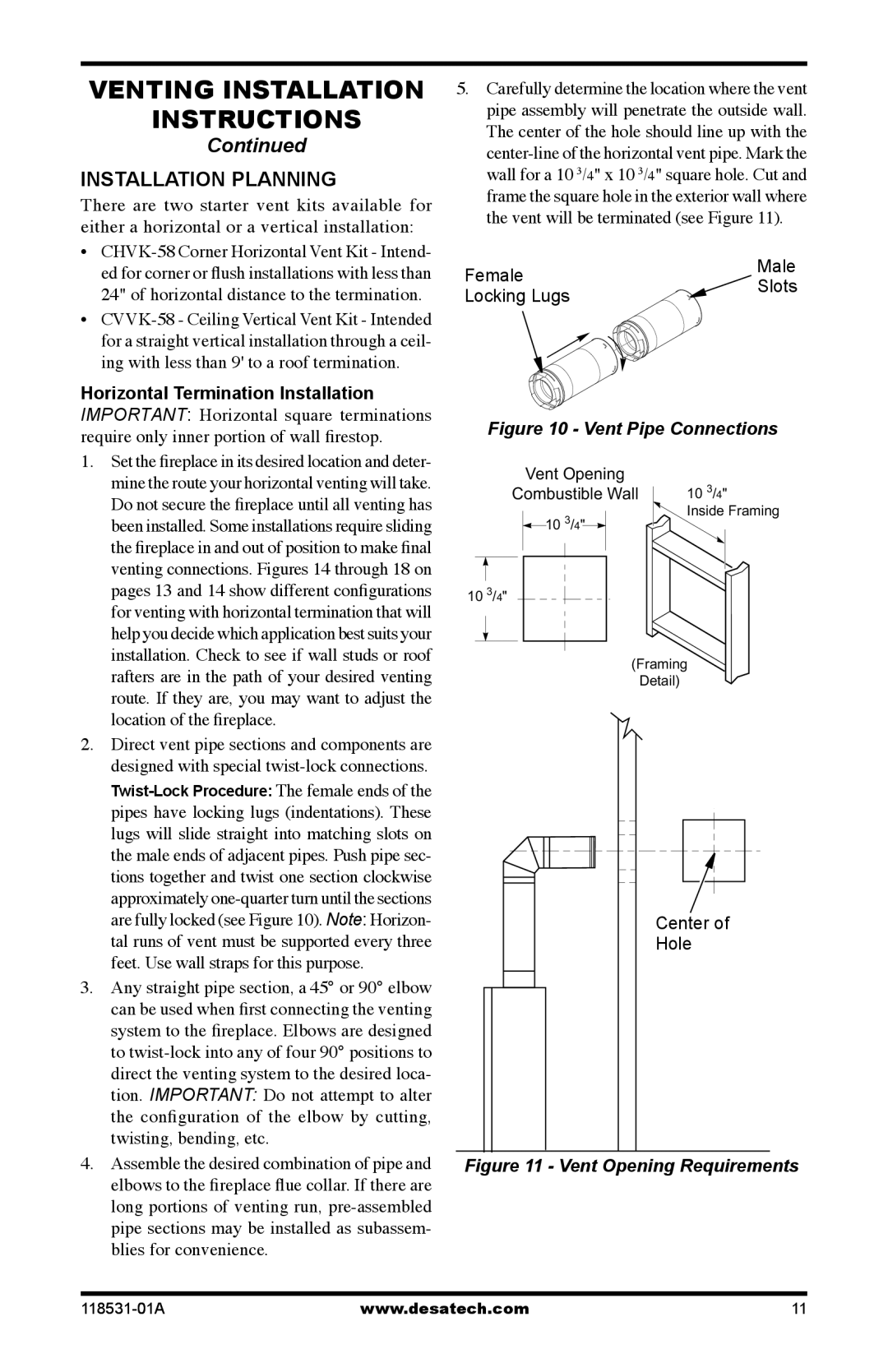 Desa CD36TN-M Venting Installation instructions, Continued, Installation Planning, Vent Pipe Connections 