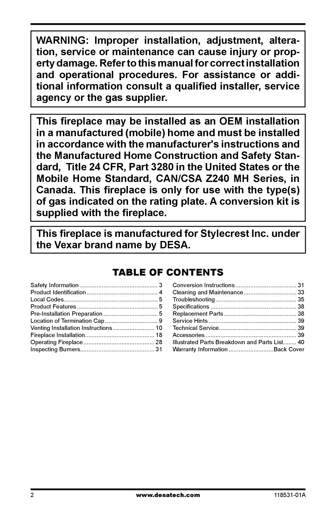 Desa CD36TN-M installation manual Table of Contents 