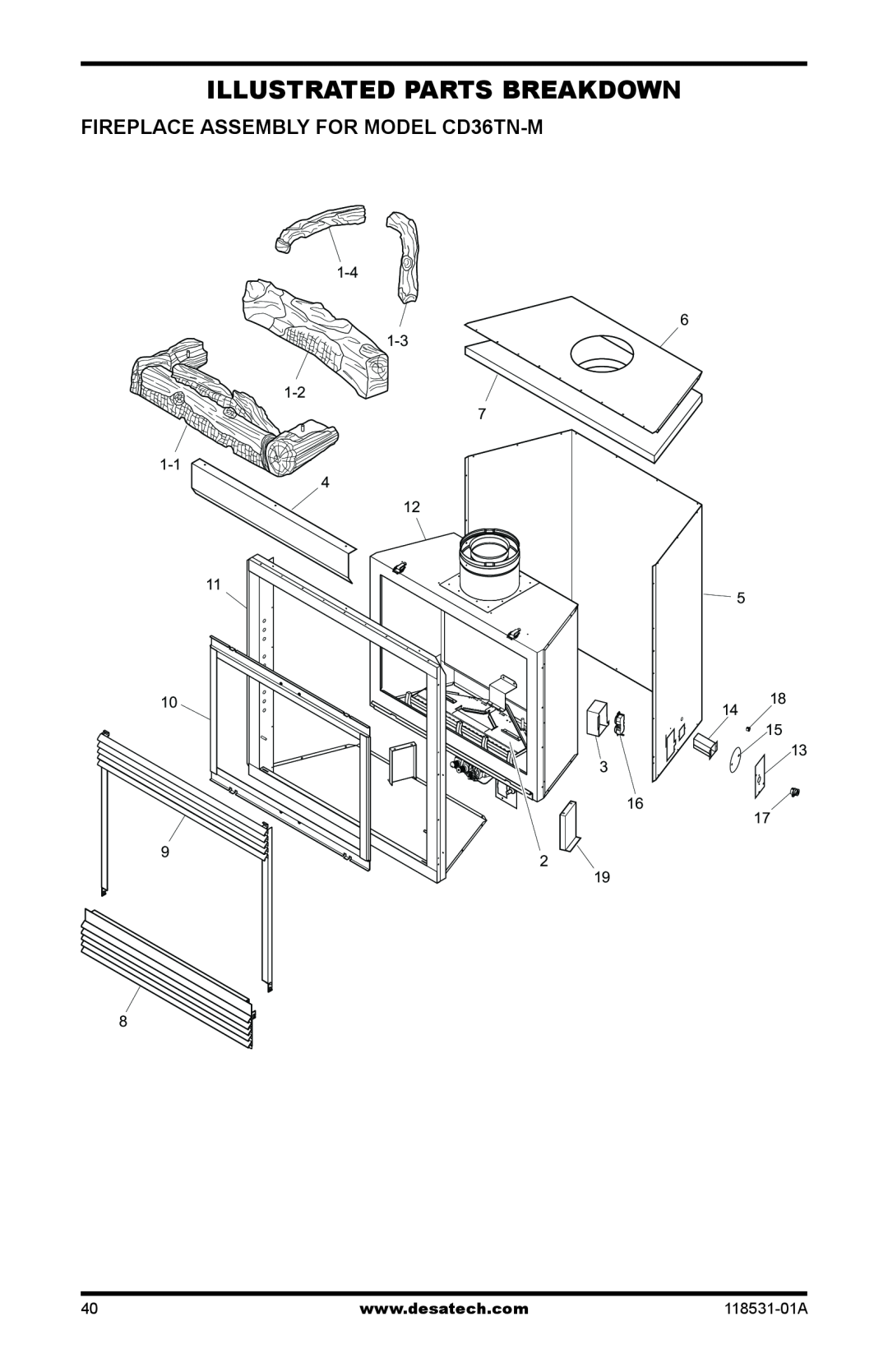 Desa installation manual Illustrated Parts Breakdown, Fireplace Assembly for Model CD36TN-M 