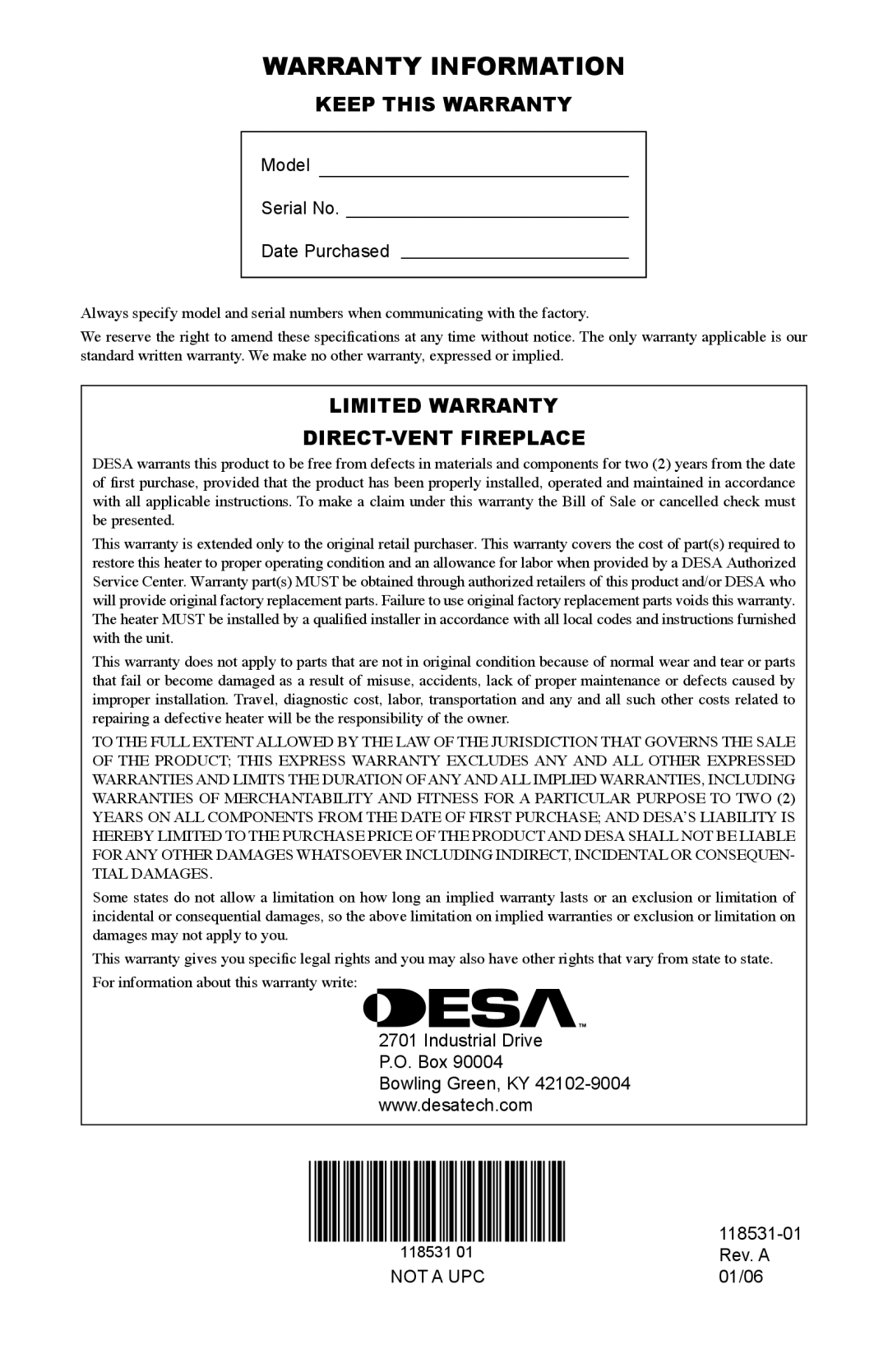Desa CD36TN-M installation manual Warranty Information, Keep This Warranty, Limited Warranty Direct-Ventfireplace 