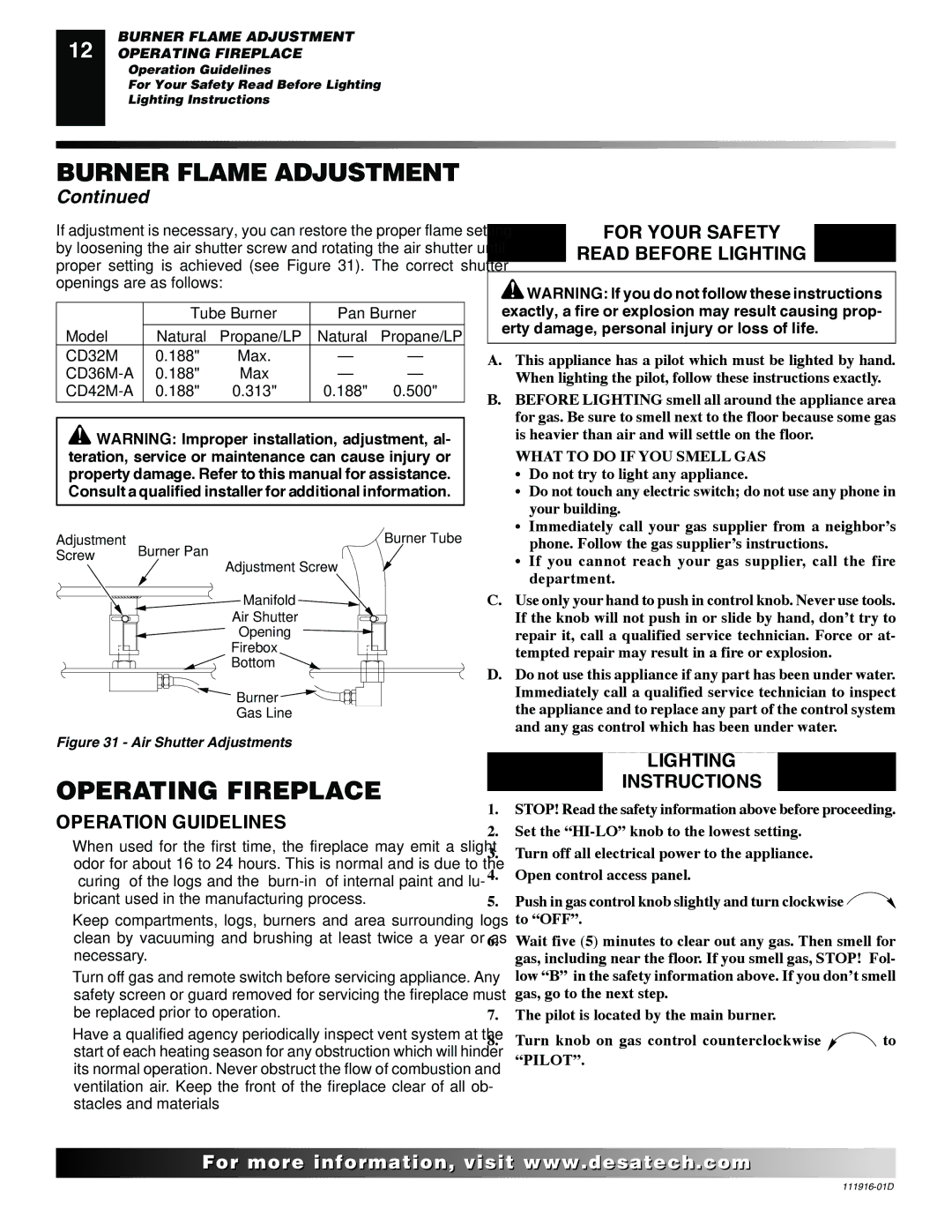 Desa CD42M (-A)(-A2), CD36M, CD32M, CD42M Operating Fireplace, Operation Guidelines, For Your Safety Read Before Lighting 