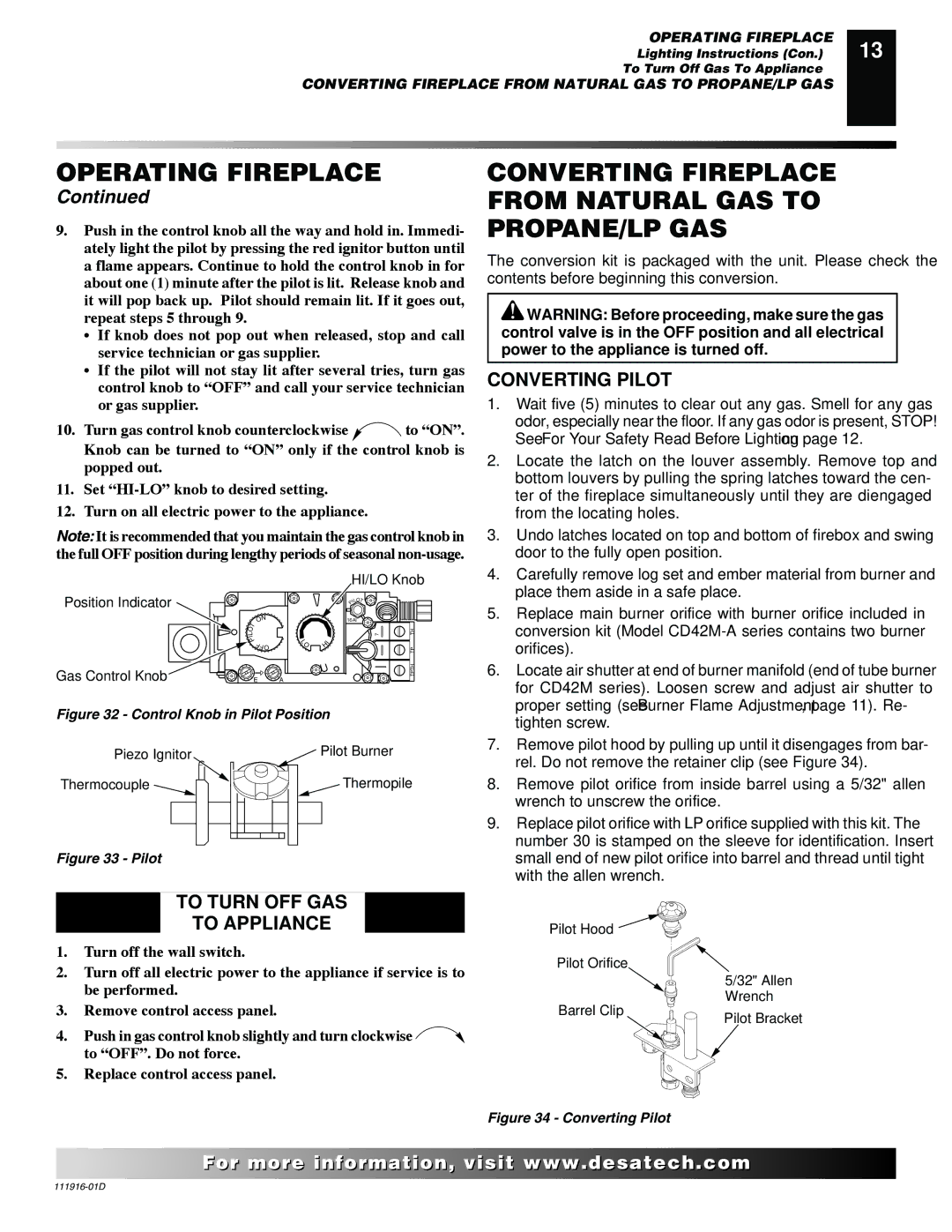 Desa CD36M, CD32M, CD42M, CD42M (-A)(-A2) Converting Fireplace from Natural GAS to PROPANE/LP GAS, Converting Pilot 