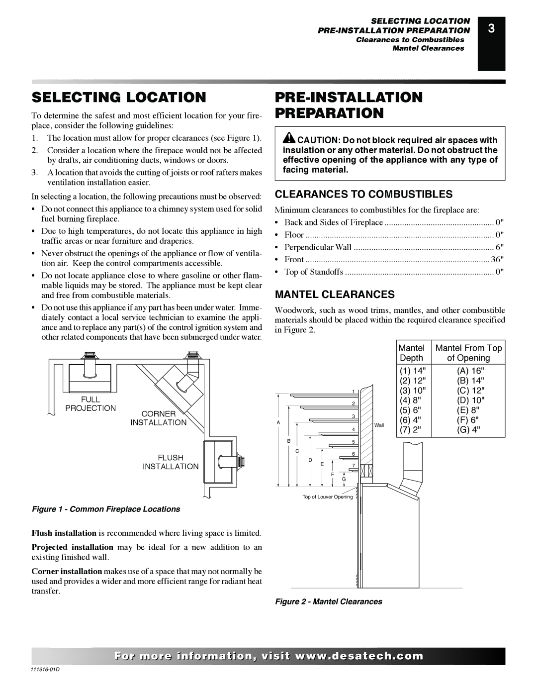 Desa CD36M, CD32M, CD42M Selecting Location, PRE-INSTALLATION Preparation, Clearances to Combustibles, Mantel Clearances 