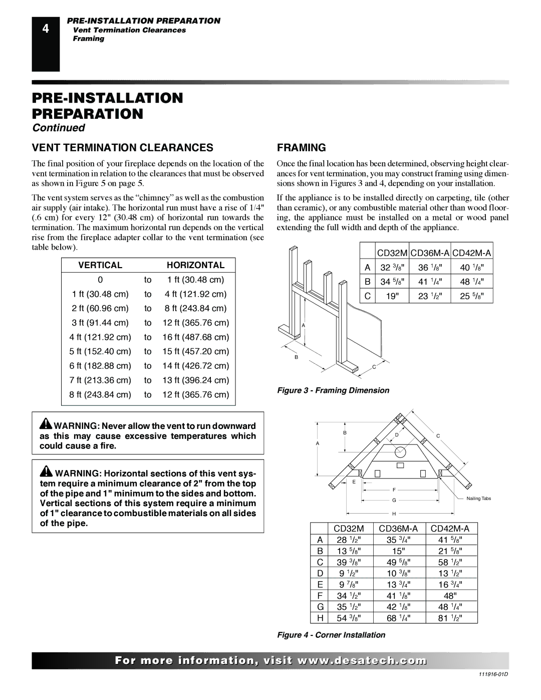 Desa CD42M (-A)(-A2), CD36M, CD32M, CD42M installation manual Vent Termination Clearances, Framing 