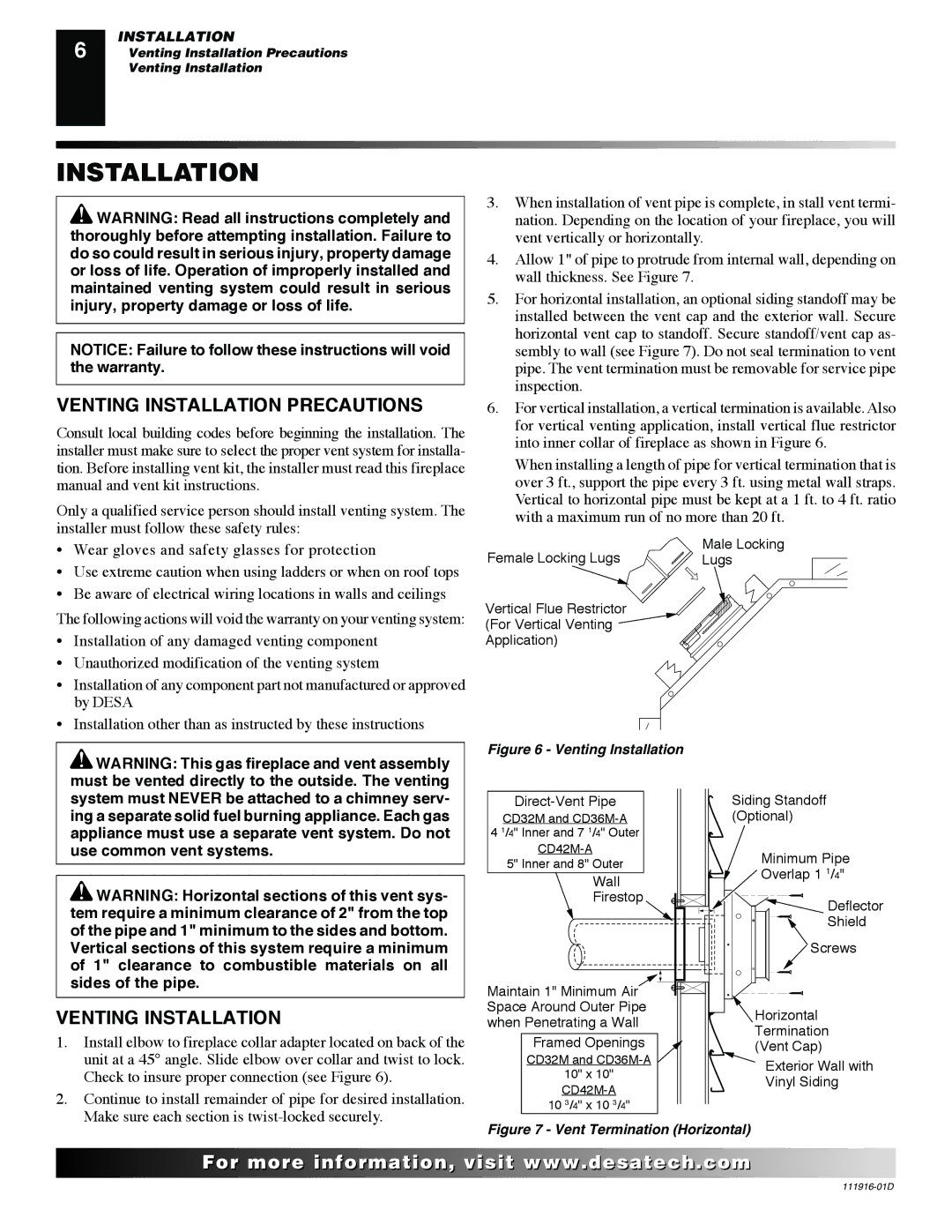 Desa CD42M (-A)(-A2), CD36M, CD32M, CD42M installation manual Venting Installation Precautions 