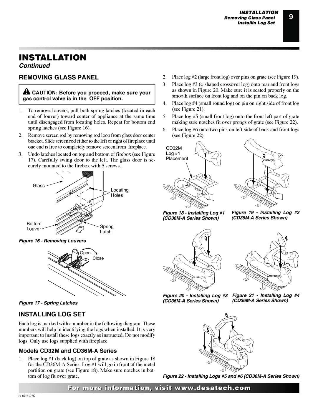 Desa CD36M, CD32M, CD42M, CD42M (-A)(-A2) installation manual Removing Glass Panel, Installing LOG SET 