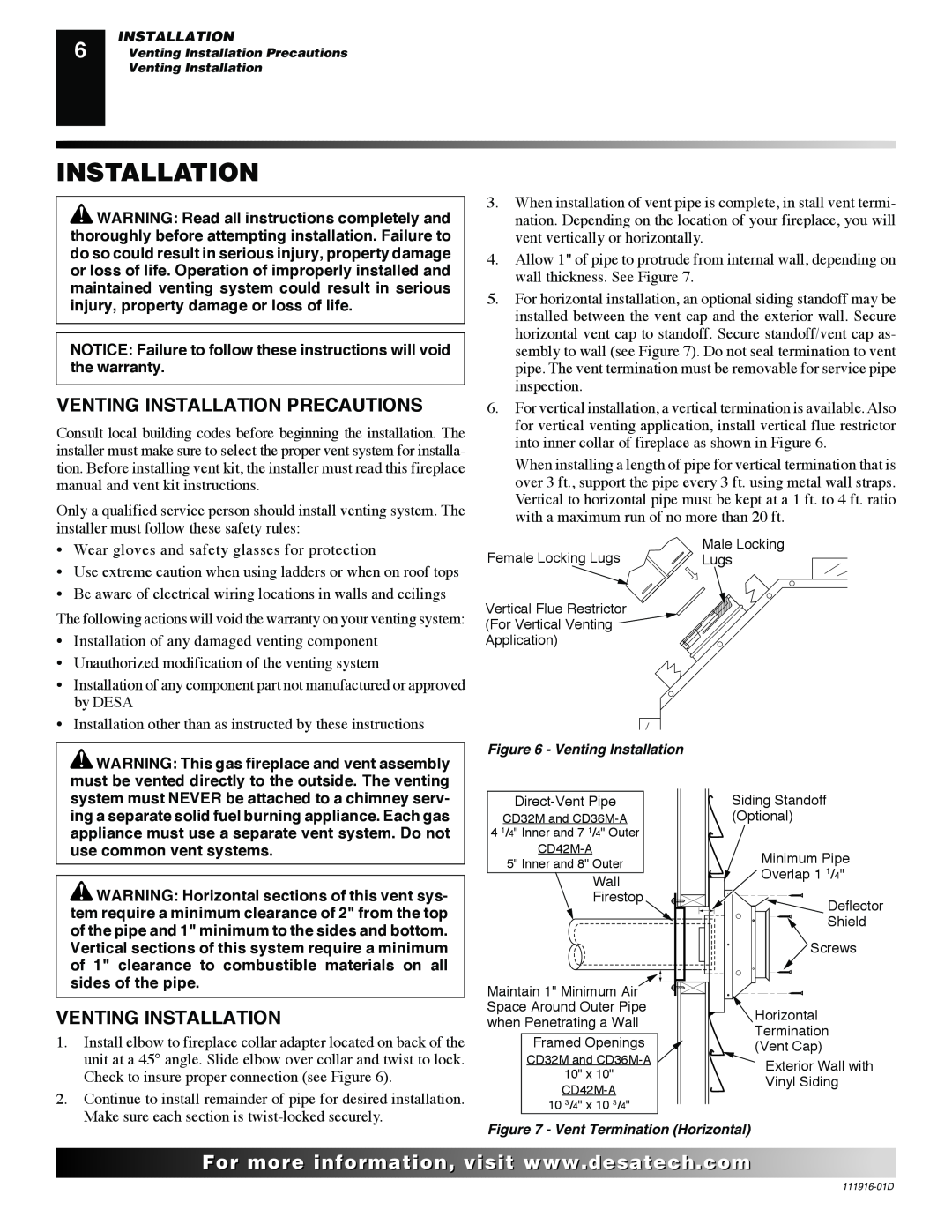 Desa CD42M (-A)(-A2), CD36M, CD32M, CD42M installation manual Venting Installation Precautions, For..com 