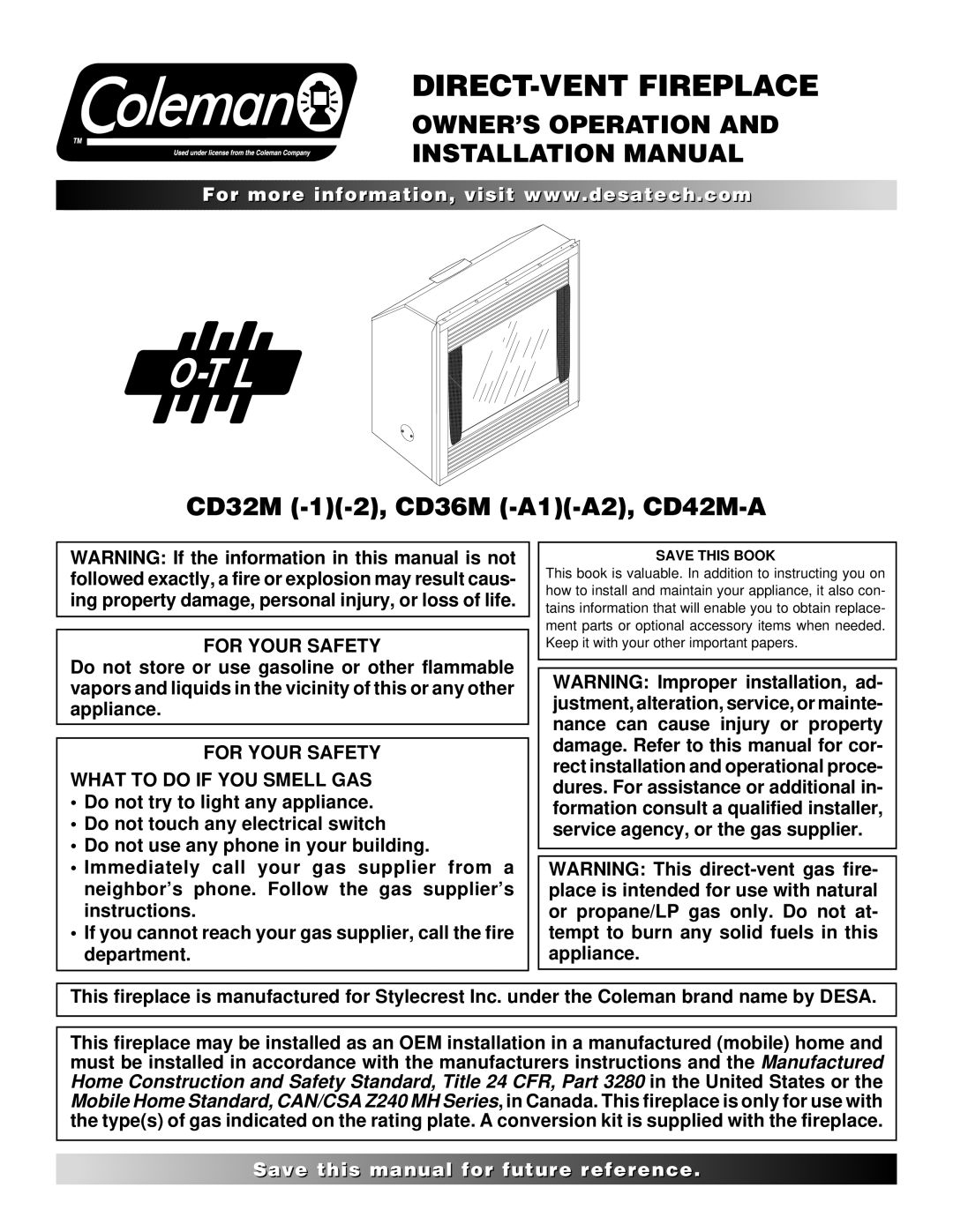 Desa CD36M, CD42M-A, CD32M installation manual OWNER’S Operation Installation Manual, For Your Safety 