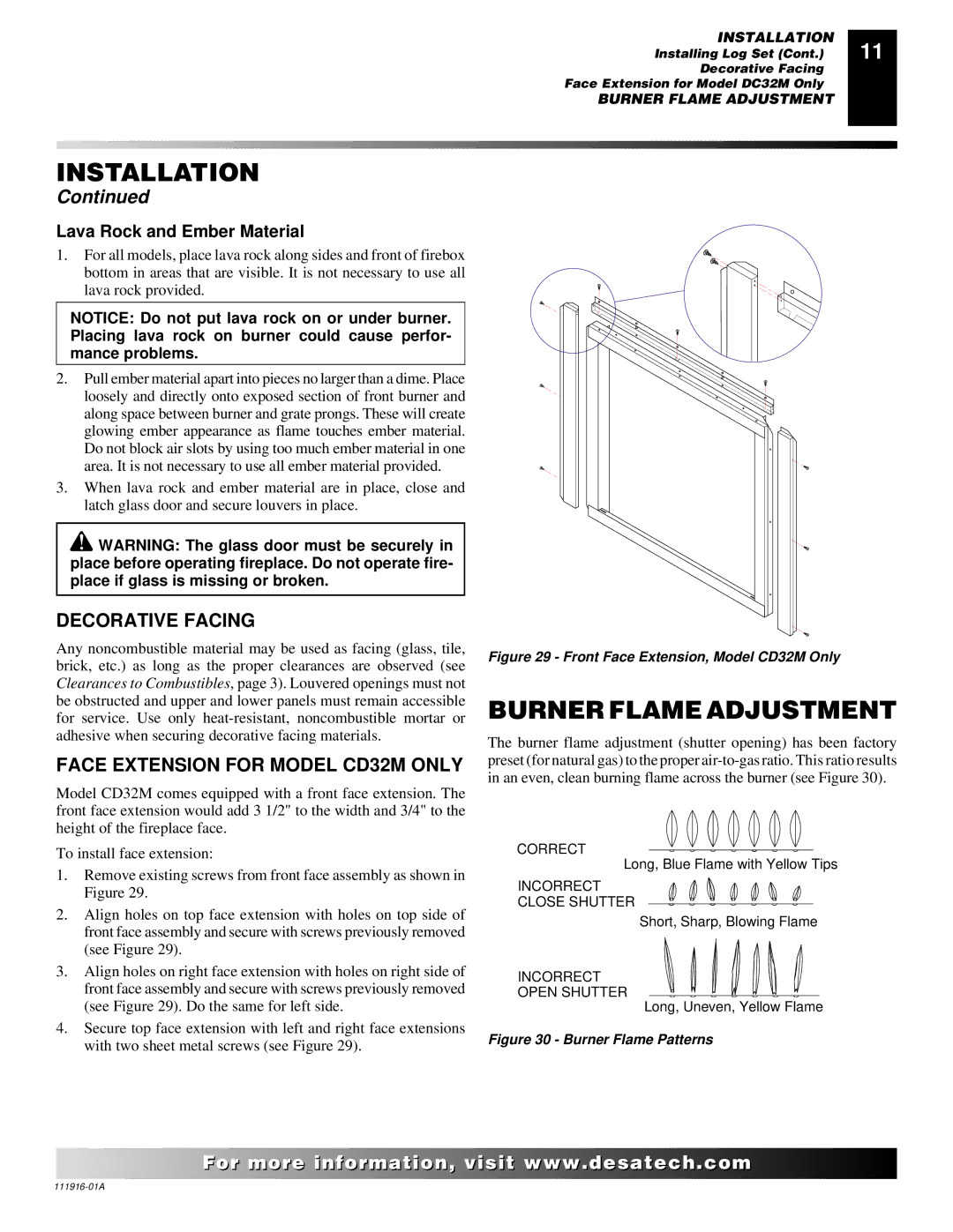 Desa CD42M-A, CD36M installation manual Burner Flame Adjustment, Decorative Facing, Face Extension for Model CD32M only 