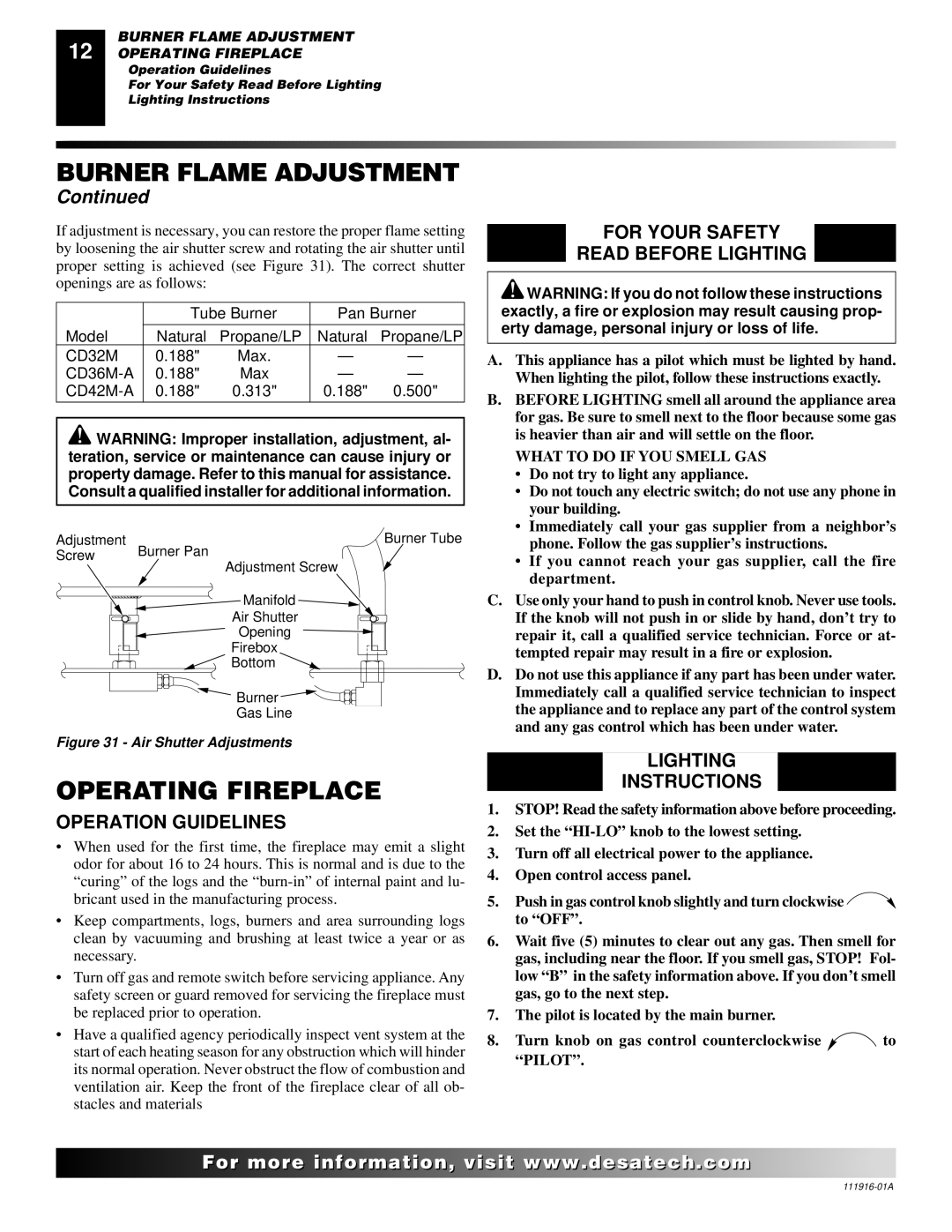 Desa CD42M-A, CD36M Operating Fireplace, Operation Guidelines, For Your Safety Read Before Lighting, Lighting Instructions 