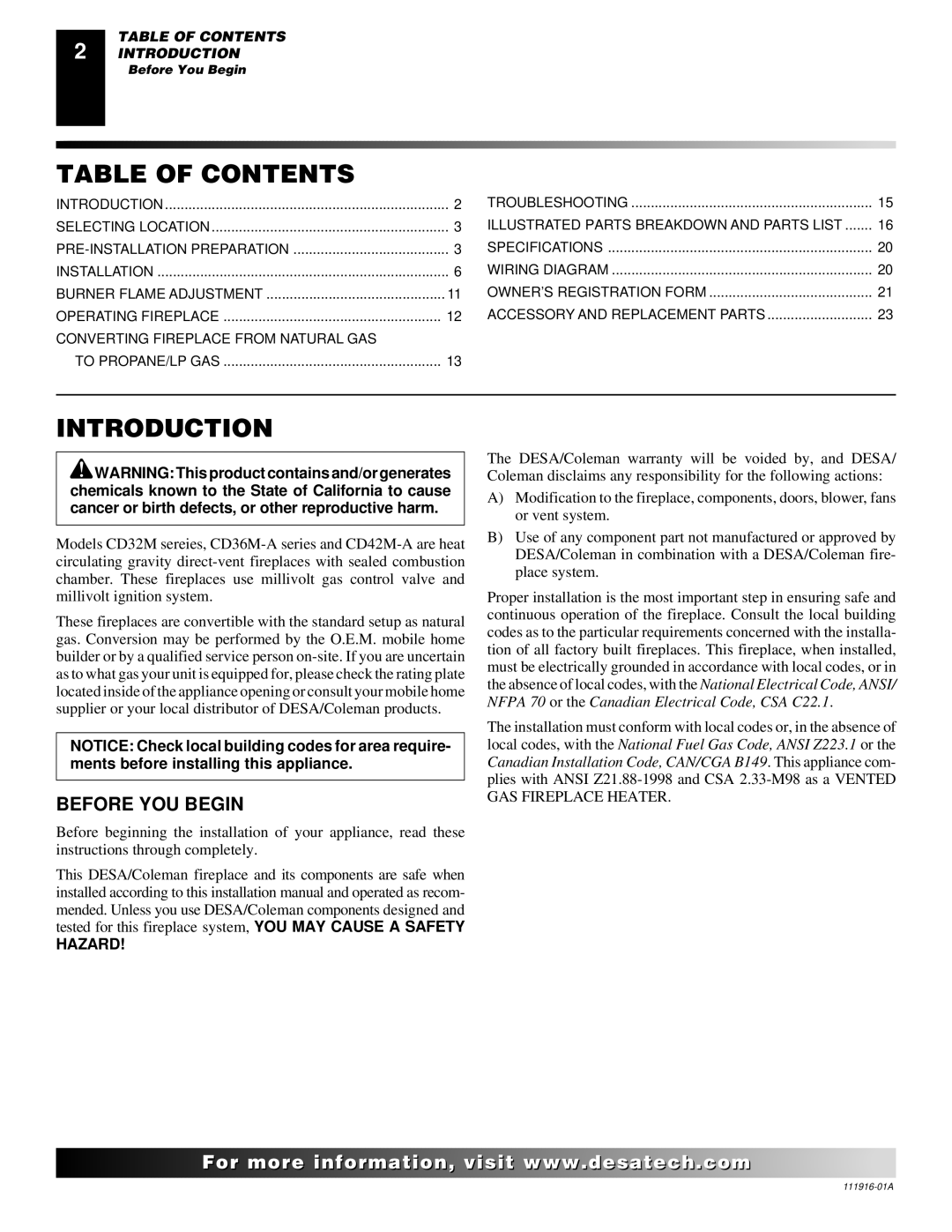 Desa CD32M, CD42M-A, CD36M installation manual Table of Contents, Introduction 