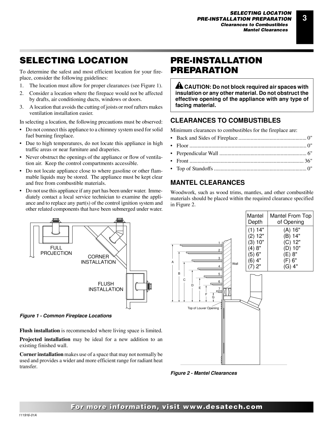 Desa CD42M-A, CD36M, CD32M Selecting Location, PRE-INSTALLATION Preparation, Clearances to Combustibles, Mantel Clearances 