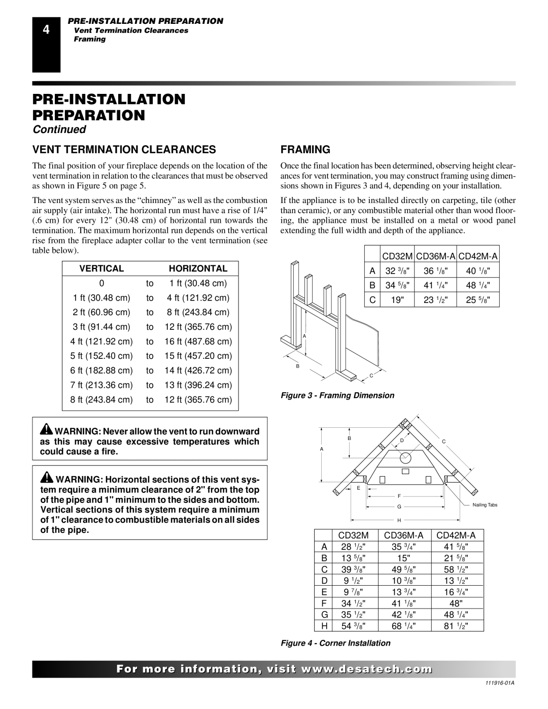 Desa CD36M, CD42M-A, CD32M installation manual Vent Termination Clearances, Framing 