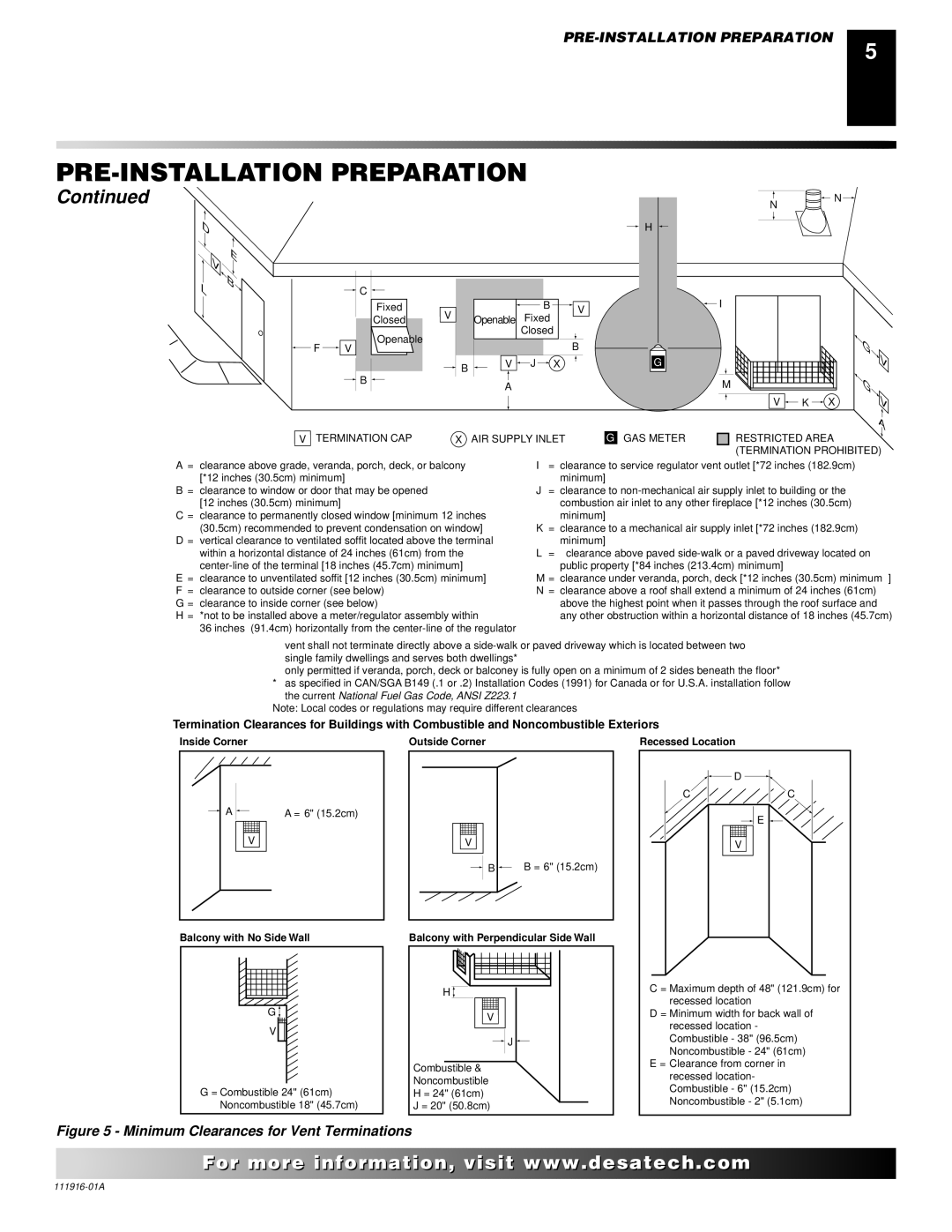 Desa CD32M, CD42M-A, CD36M installation manual Minimum Clearances for Vent Terminations 