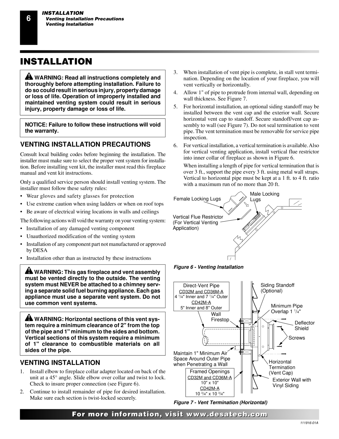 Desa CD42M-A, CD36M, CD32M installation manual Venting Installation Precautions 