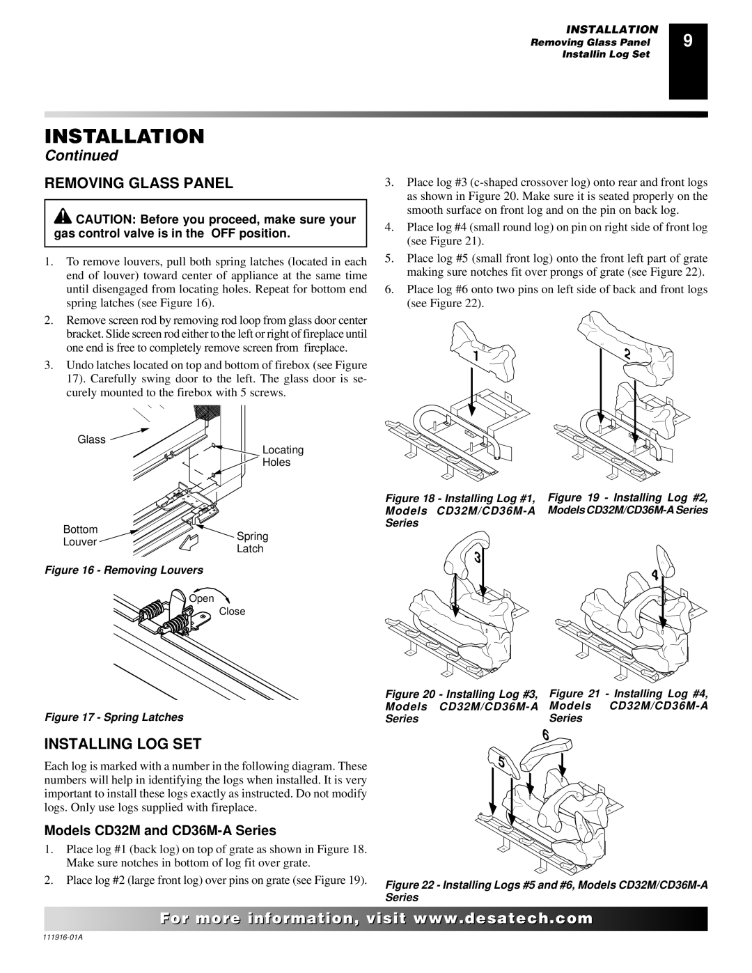 Desa CD42M-A, CD36M, CD32M installation manual Removing Glass Panel, Installing LOG SET 