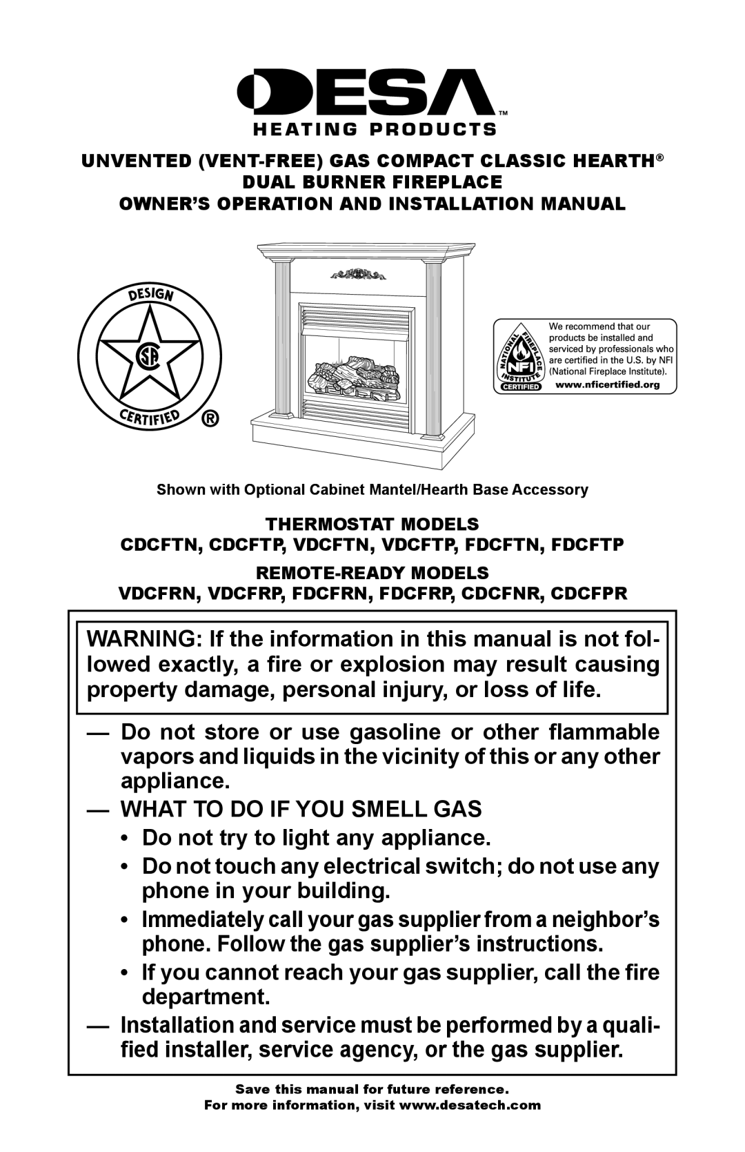 Desa CDCFNR installation manual What to do if YOU Smell GAS, Shown with Optional Cabinet Mantel/Hearth Base Accessory 