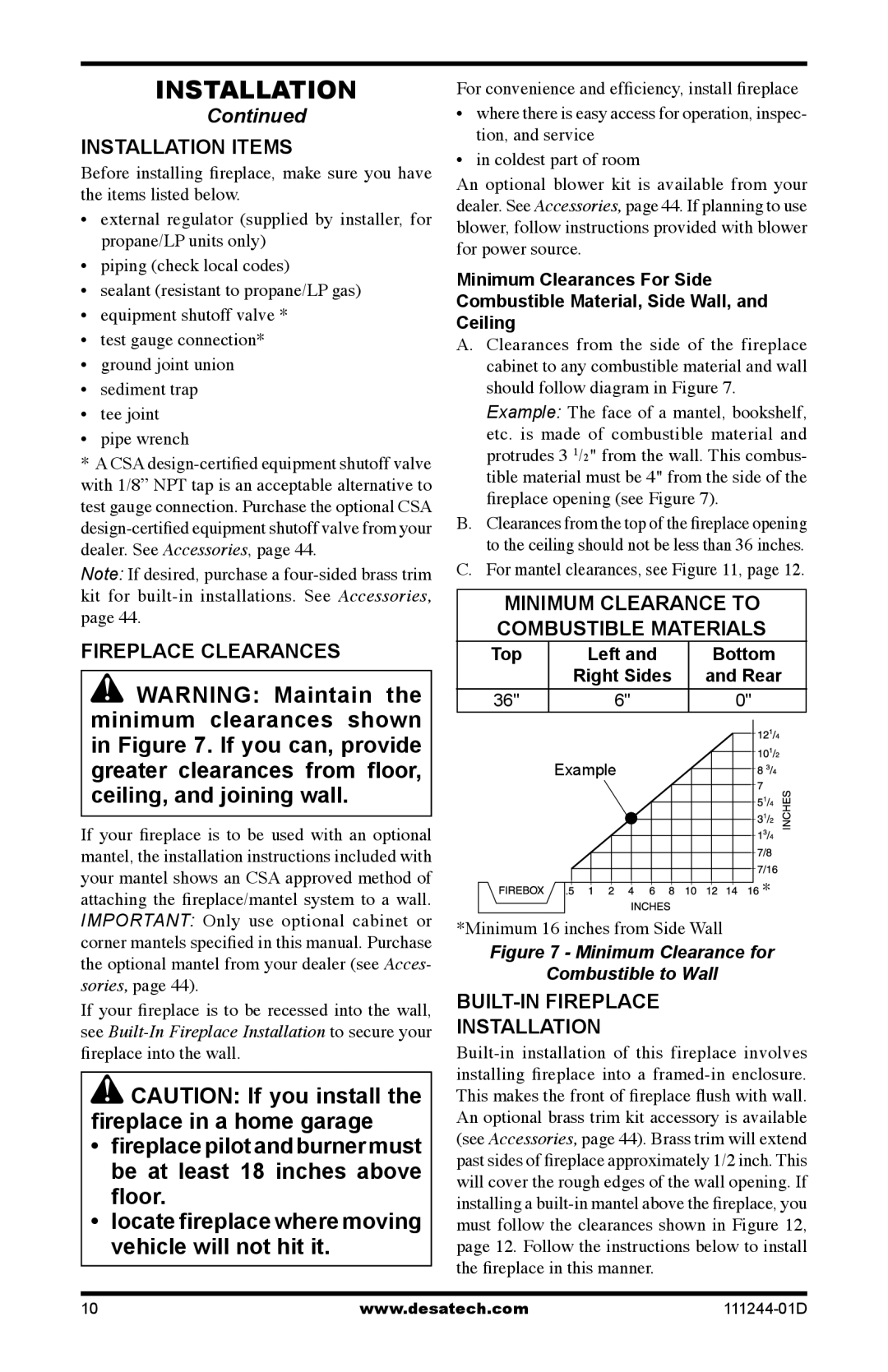 Desa CDCFNR installation manual Installation Items, Fireplace Clearances, Minimum Clearance to Combustible Materials, Top 