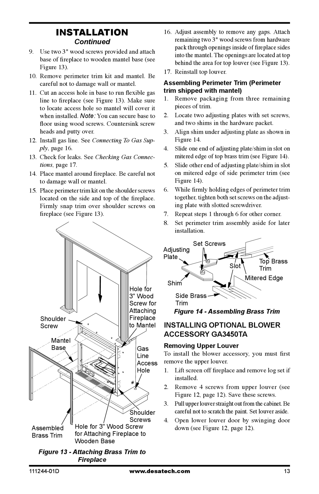 Desa CDCFNR installation manual Installing Optional Blower Accessory GA3450TA, Reinstall top louver 