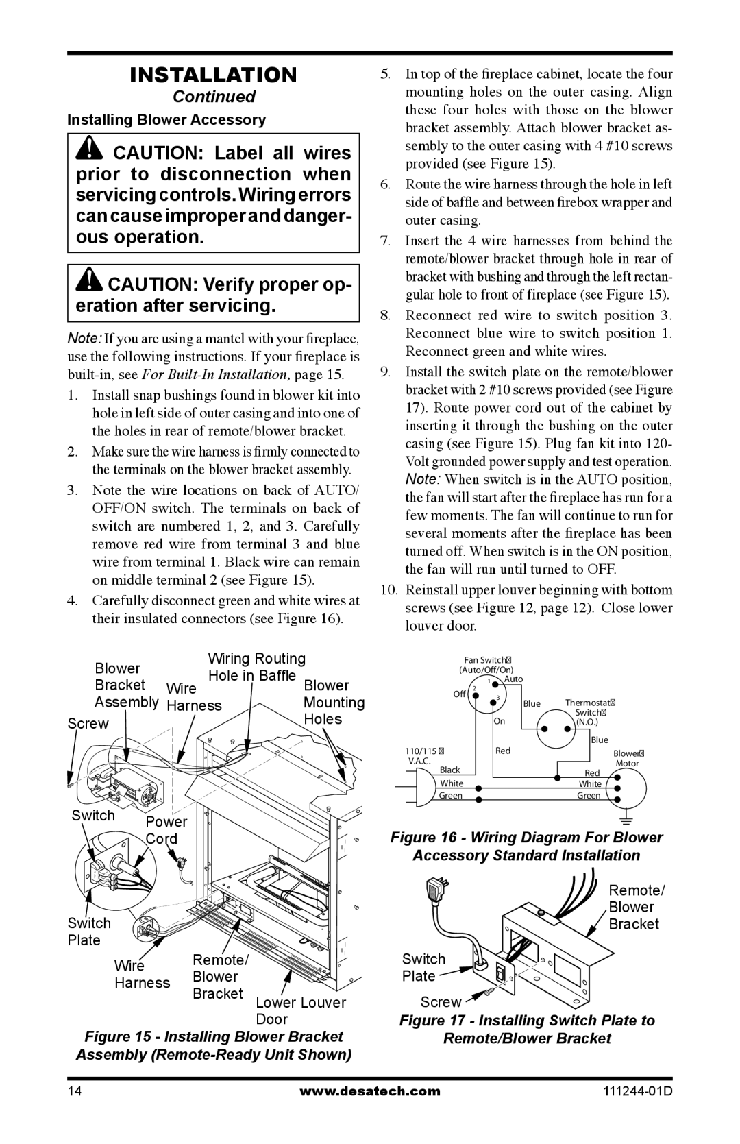 Desa CDCFNR installation manual Installing Blower Accessory, Cord 