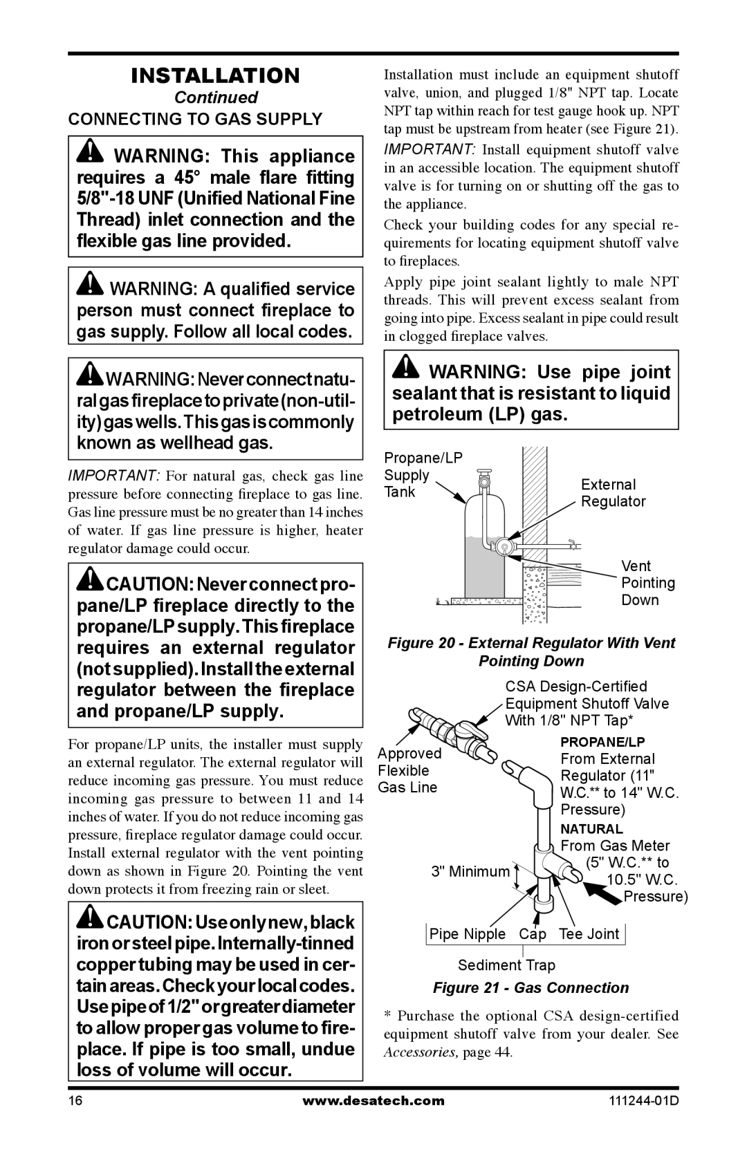 Desa CDCFNR installation manual Connecting to GAS Supply, Sediment Trap 