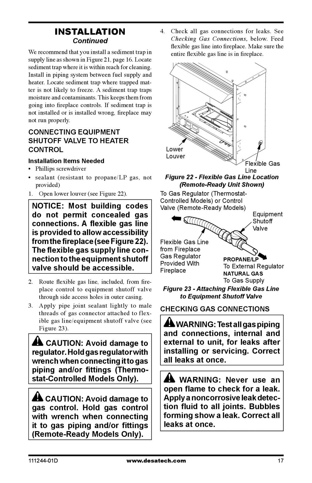 Desa CDCFNR Connecting Equipment Shutoff Valve to Heater Control, Checking GAS Connections, Installation Items Needed 