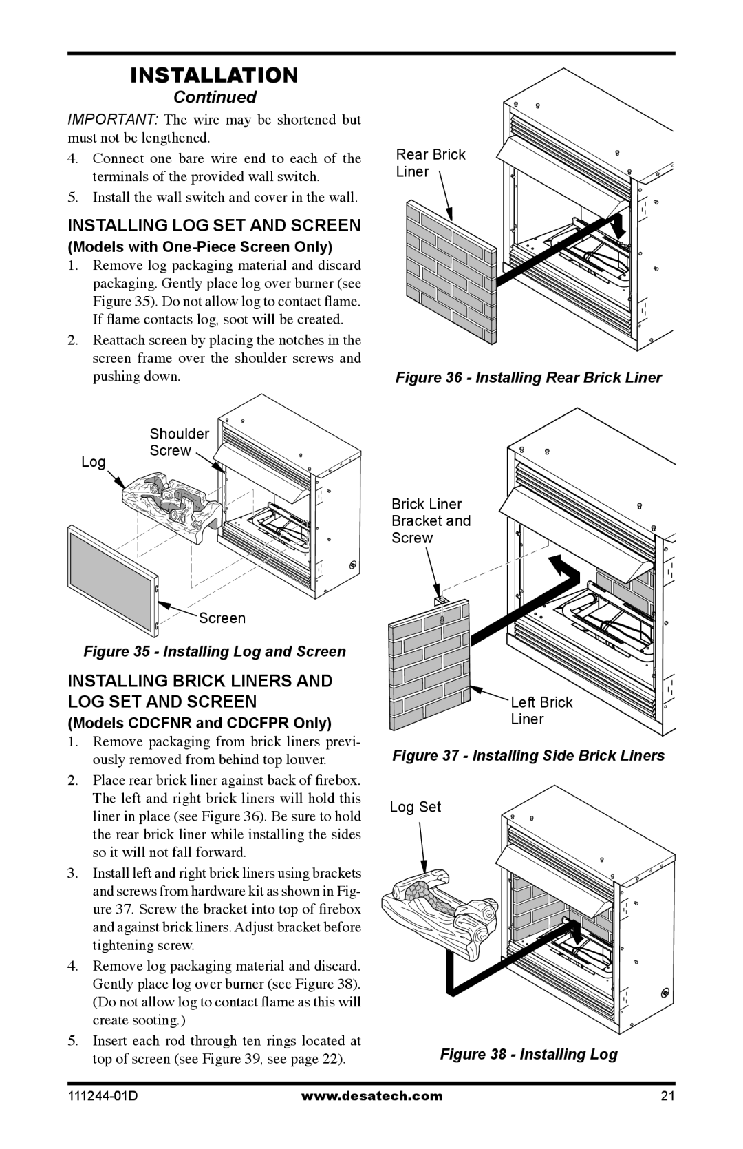 Desa CDCFNR installation manual Installing LOG SET and Screen, Models with One-Piece Screen Only 