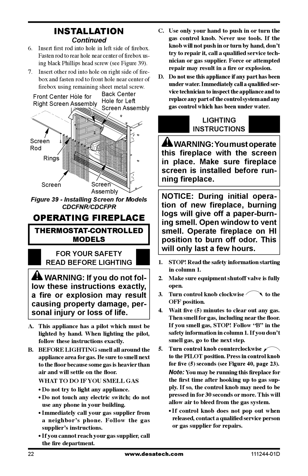 Desa CDCFNR installation manual Operating Fireplace, Lighting Instructions 