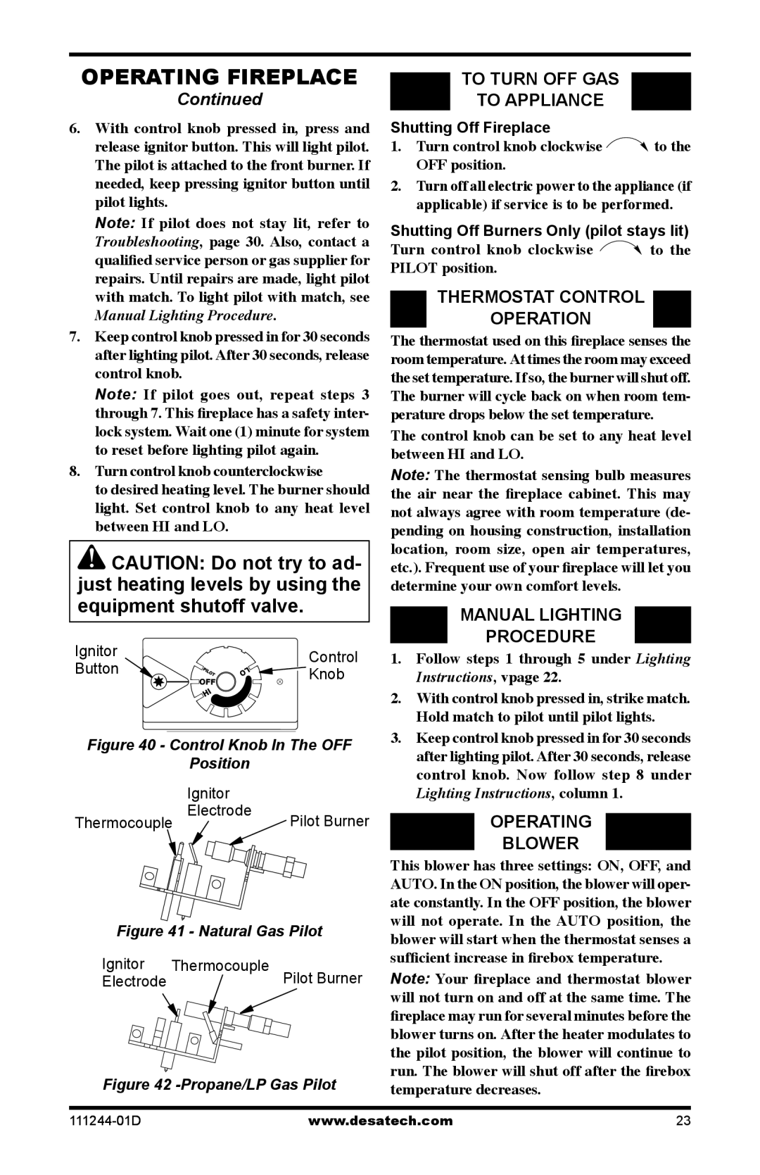 Desa CDCFNR To Turn OFF GAS To Appliance, Thermostat Control Operation, Manual Lighting Procedure, Operating Blower 