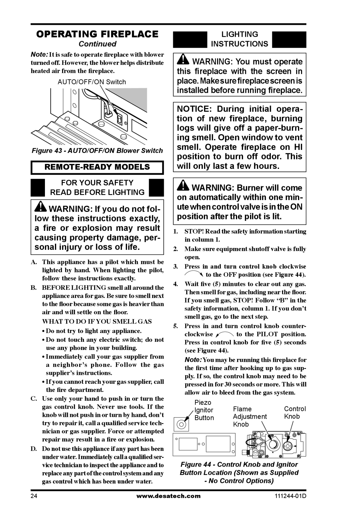 Desa CDCFNR installation manual REMOTE-READY Models For Your Safety Read Before Lighting, AUTO/OFF/ON Blower Switch 