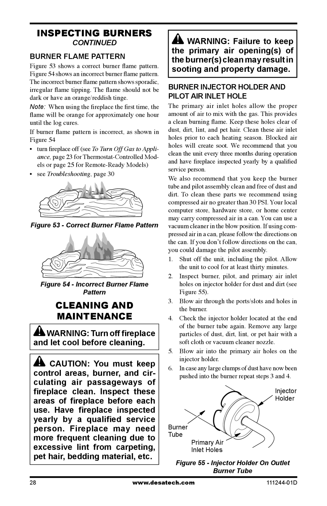 Desa CDCFNR installation manual Cleaning Maintenance, Burner Flame Pattern, Burner Injector Holder and Pilot AIR Inlet Hole 