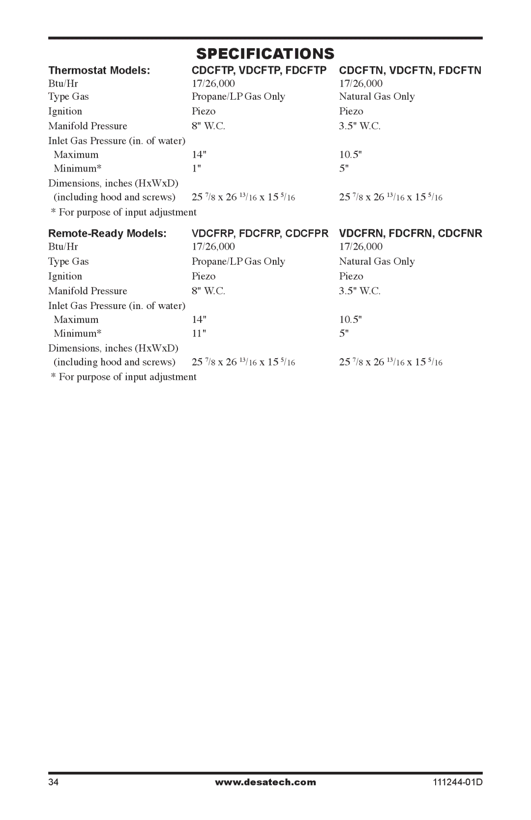 Desa CDCFNR installation manual Specifications, Thermostat Models, Remote-Ready Models 