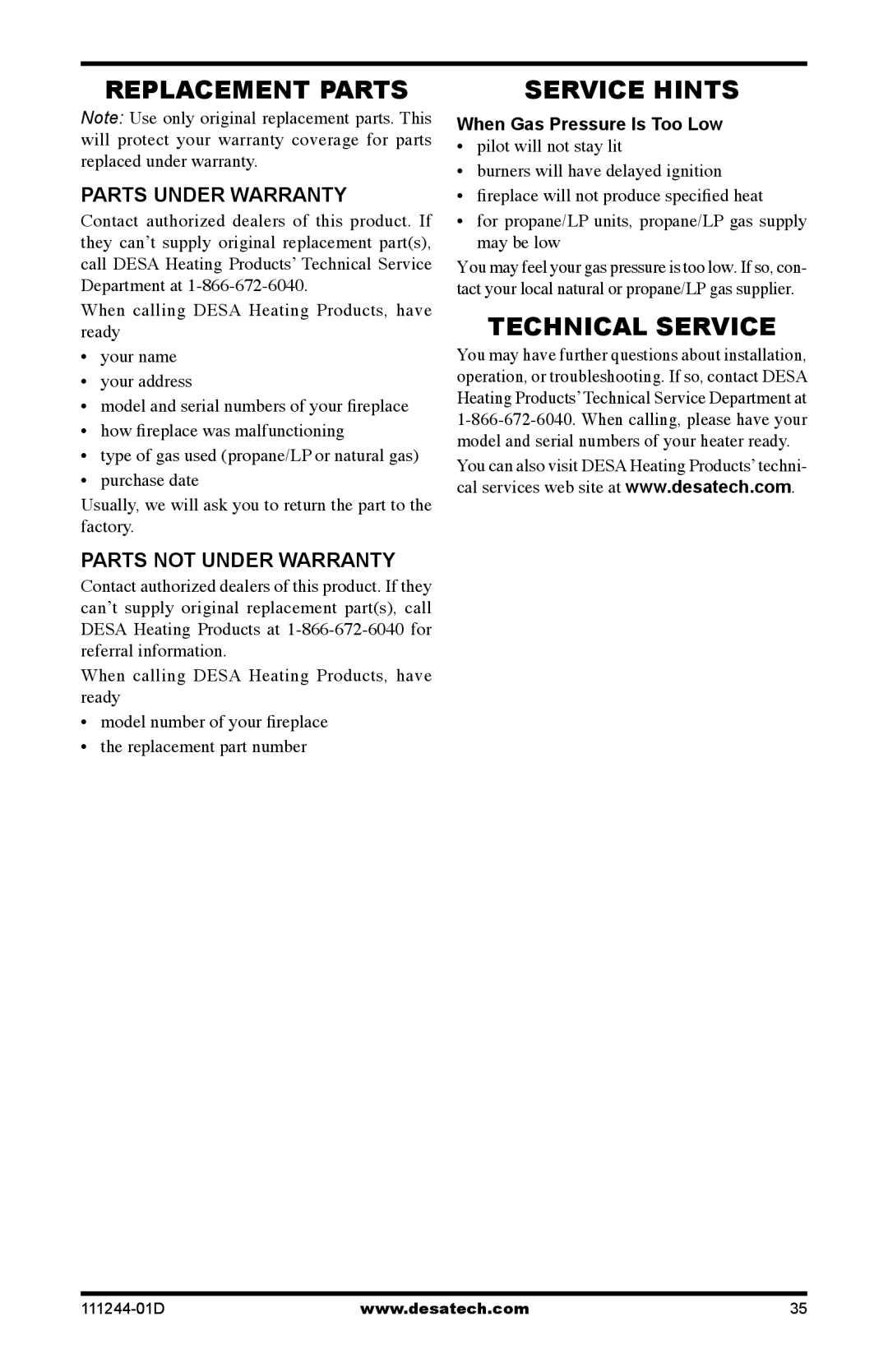 Desa CDCFNR Replacement Parts, Service Hints, Technical Service, Parts Under Warranty, Parts not Under Warranty 