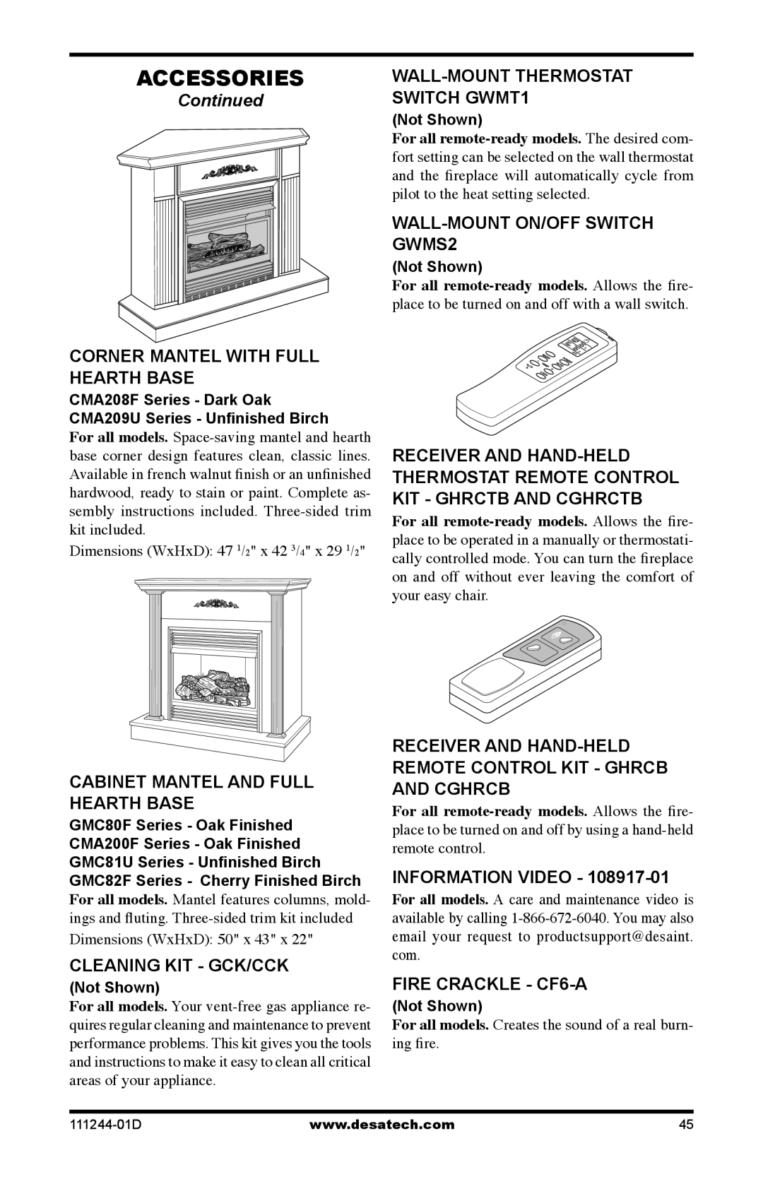 Desa CDCFNR WALL-MOUNT Thermostat Switch GWMT1, WALL-MOUNT ON/OFF Switch GWMS2, Corner Mantel with Full Hearth Base 