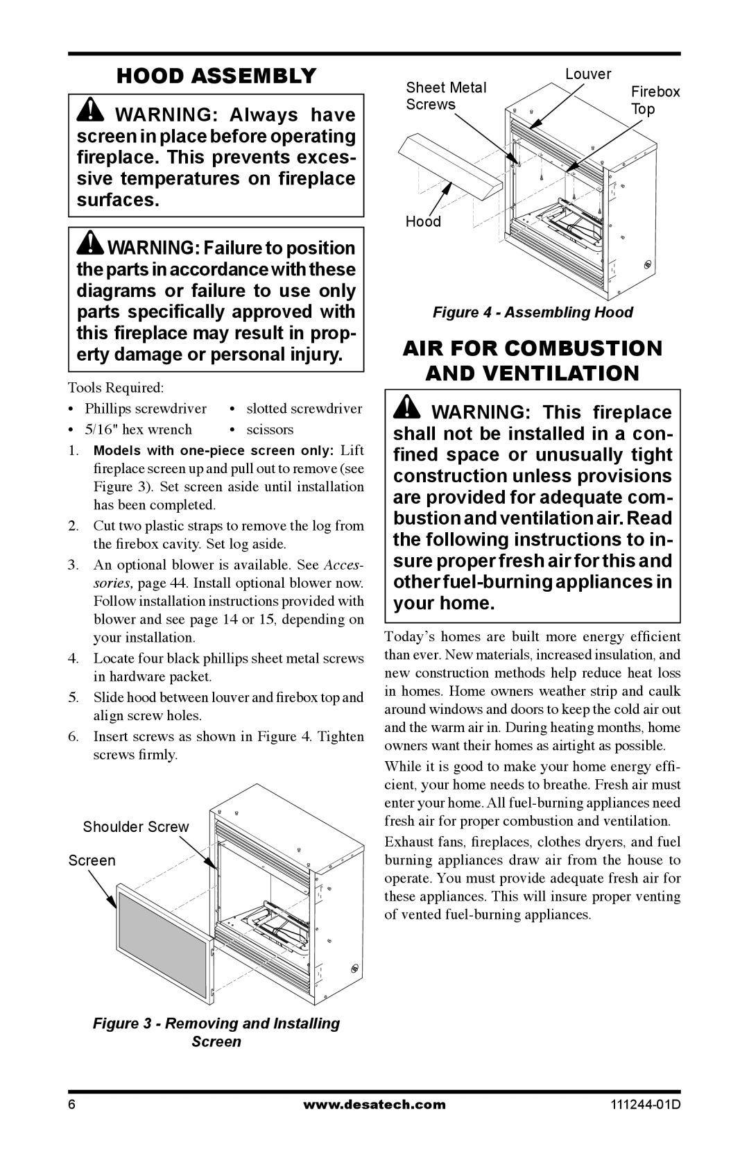 Desa CDCFNR installation manual Hood Assembly, Tools Required Phillips screwdriver, Hex wrench Scissors 