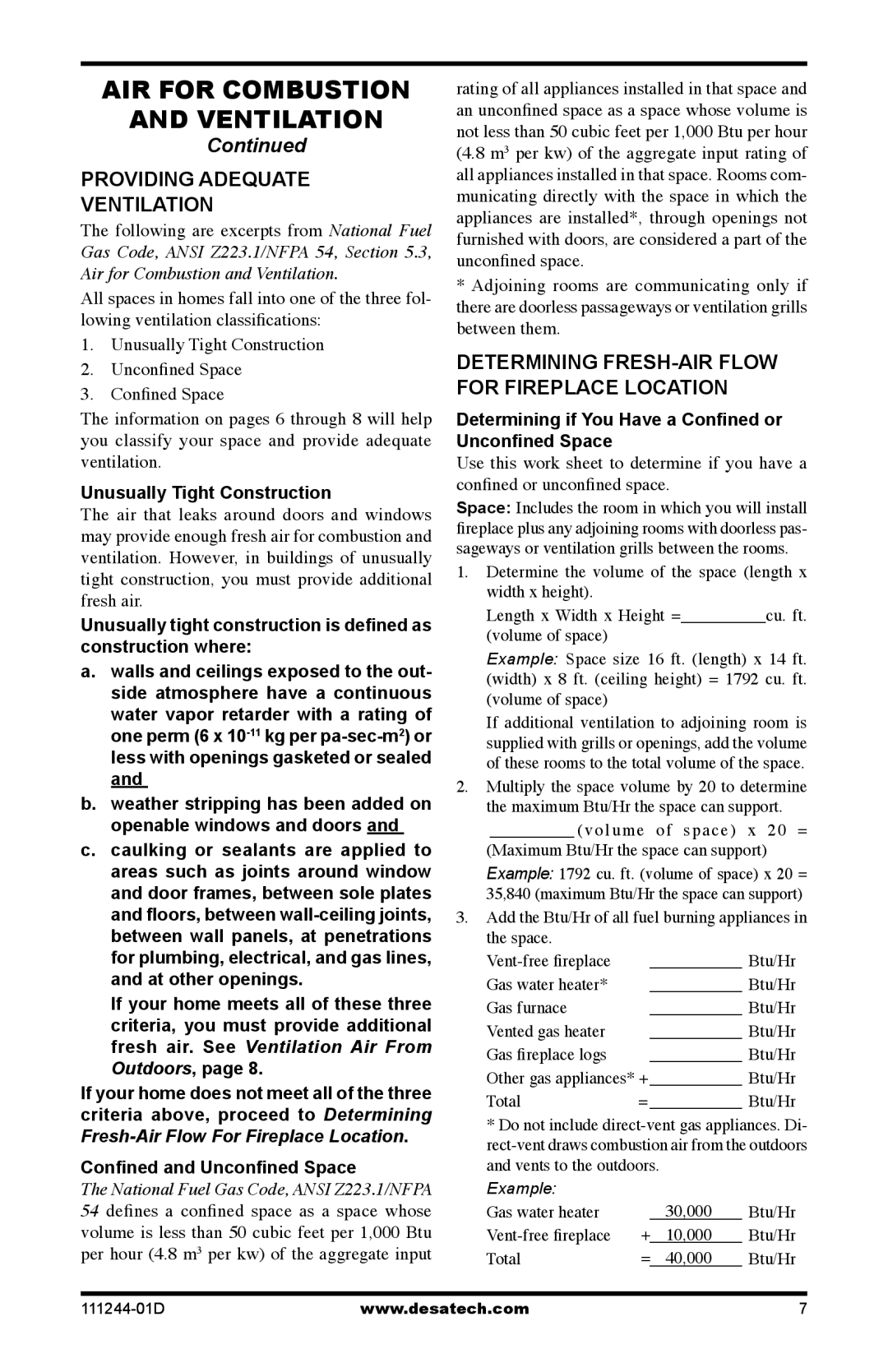 Desa CDCFNR installation manual AIR for Combustion Ventilation, Providing Adequate Ventilation 