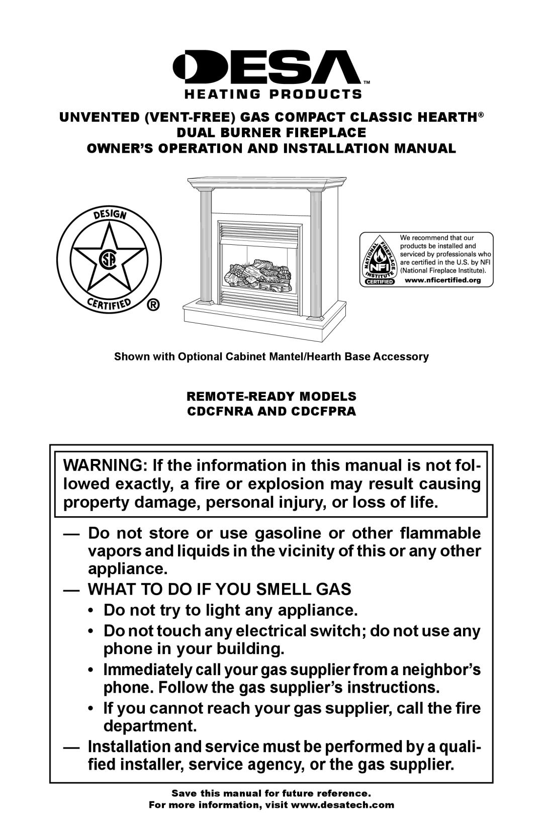 Desa CDCFPRA, CDCFNRA installation manual WHAT TO DO IF YOU SMELL GAS Do not try to light any appliance 