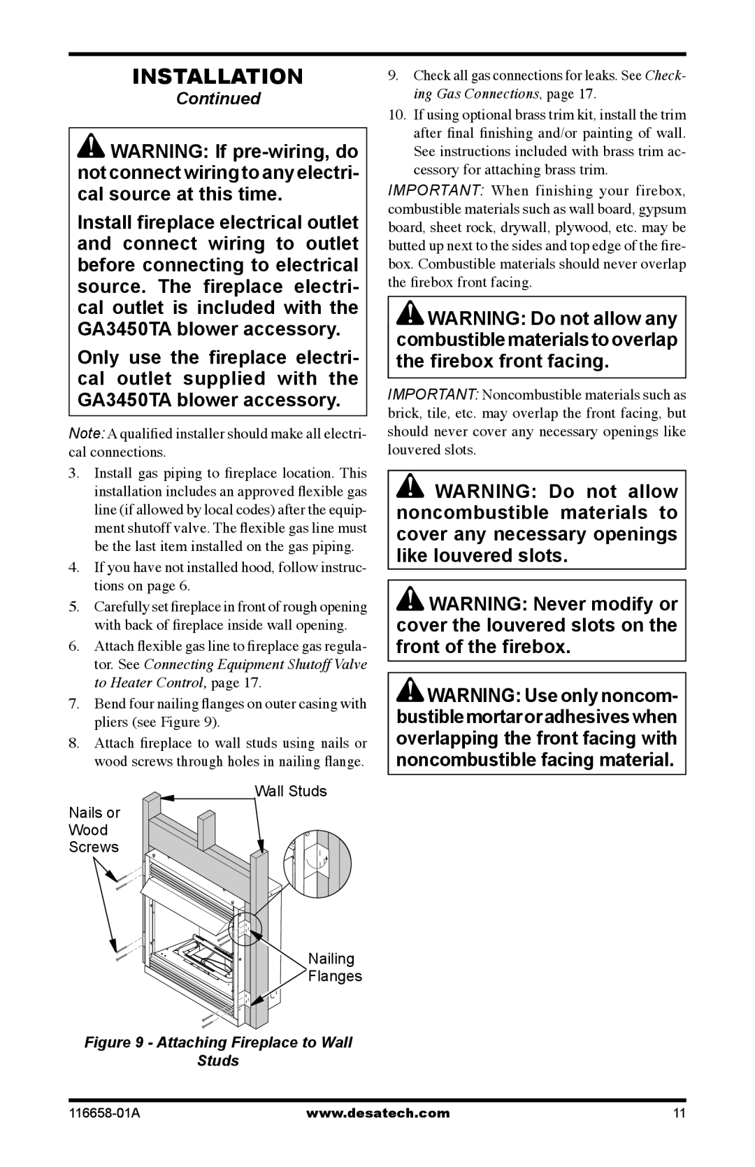 Desa CDCFPRA Note A qualiﬁed installer should make all electri- cal connections, Attaching Fireplace to Wall Studs 