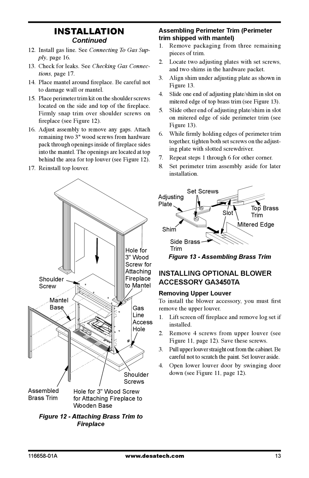 Desa CDCFPRA, CDCFNRA Continued, INSTALLING OPTIONAL BLOWER ACCESSORY GA3450TA, Attaching Brass Trim to Fireplace 