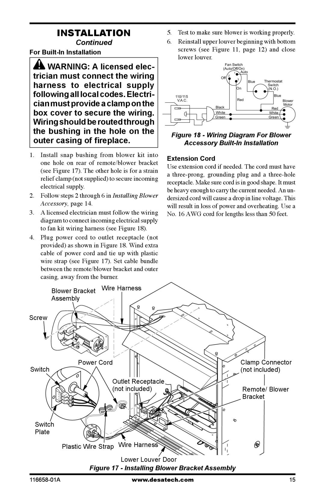 Desa CDCFPRA, CDCFNRA installation manual Continued, For Built-In Installation, Installing Blower Bracket Assembly 