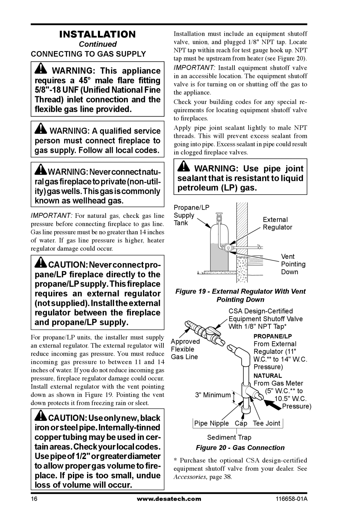 Desa CDCFNRA, CDCFPRA installation manual Continued, Connecting To Gas Supply 